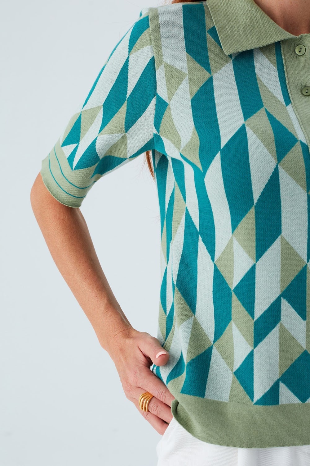 Peraluna-Lena Blouse %100 Pamuk Geometrik Retro Desenli Kadın Triko Bluz -T-Shirts-5-Milagron.com