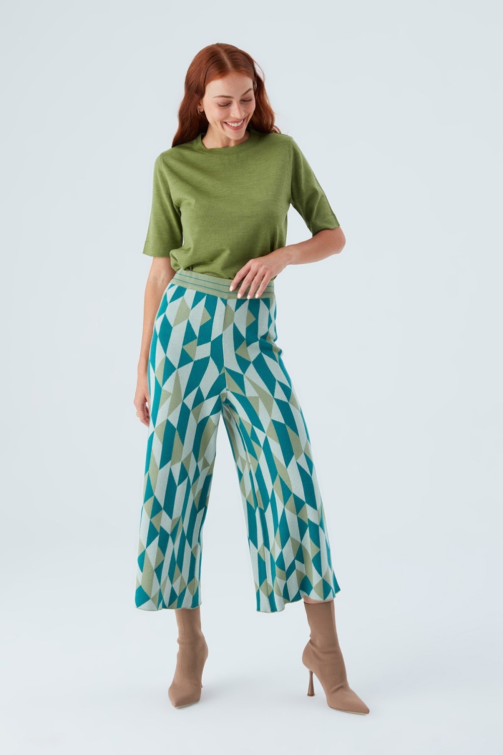 Peraluna-Lena Trouser %100 Pamuk Geometrik Retro Desenli Kadın Triko Pantolon -Pantolon-2-Milagron.com