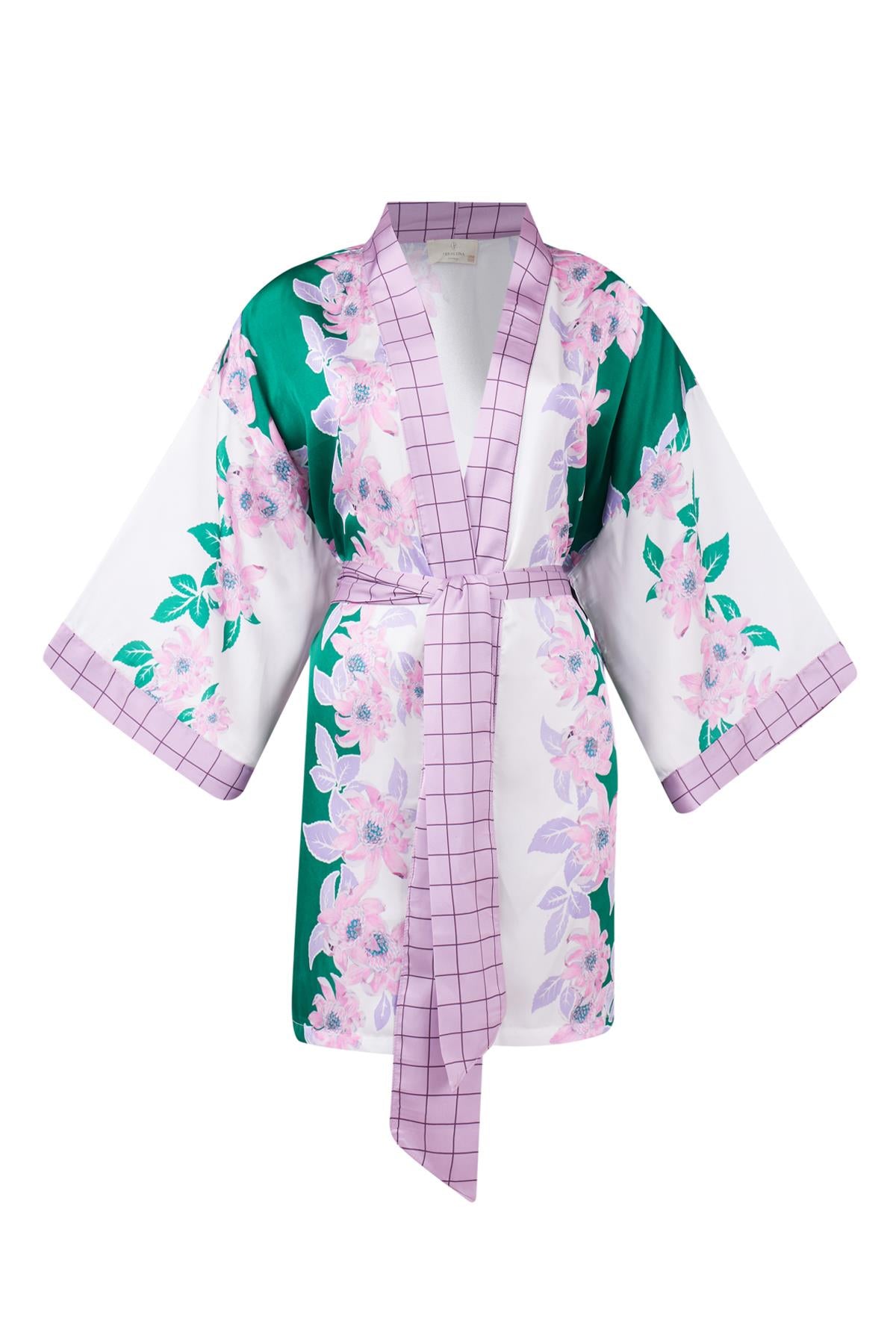 Peraluna-Lilac Charm Short Kimono çiçek Baskılı 90 Cm Saten Kısa Kadın Kimono Yeşil/Pembe-Kimono-7-Milagron.com