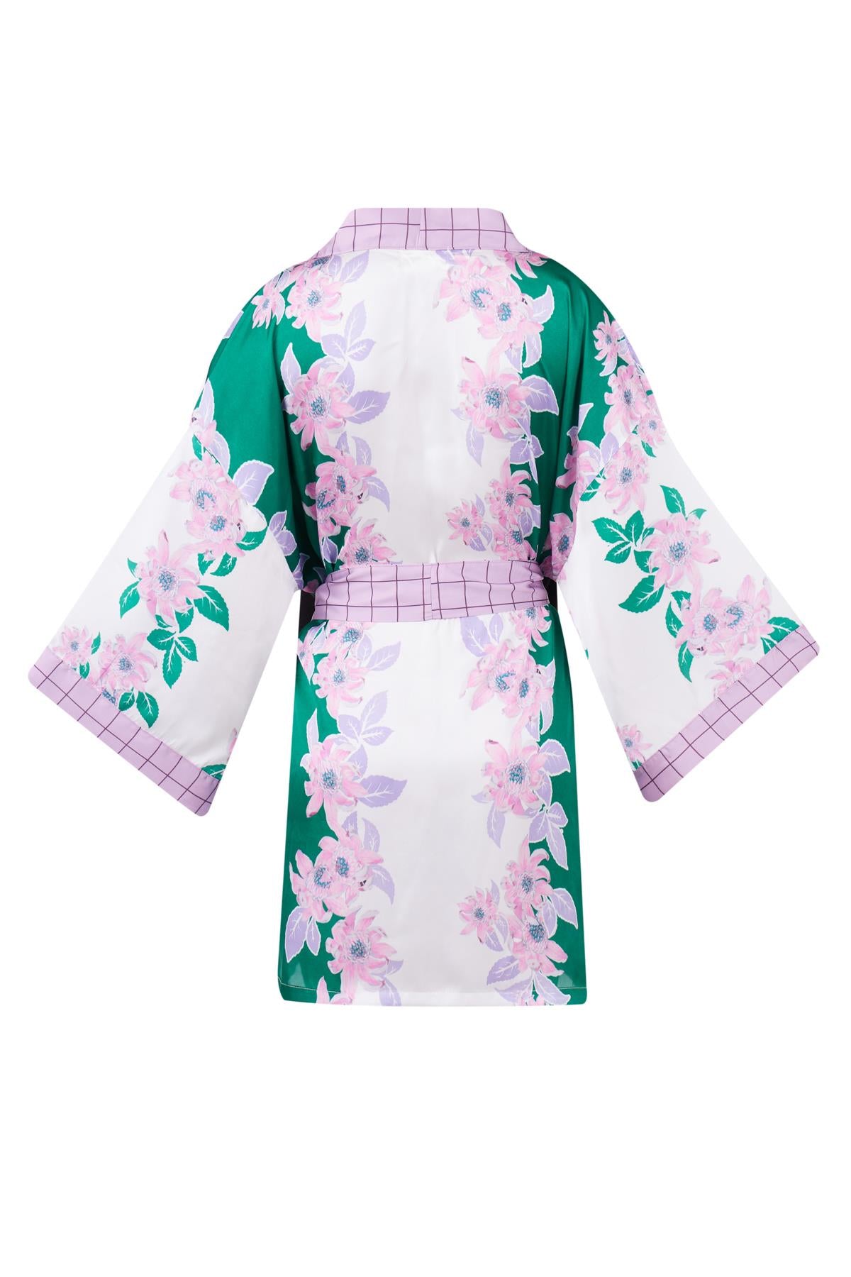 Peraluna-Lilac Charm Short Kimono çiçek Baskılı 90 Cm Saten Kısa Kadın Kimono Yeşil/Pembe-Kimono-8-Milagron.com