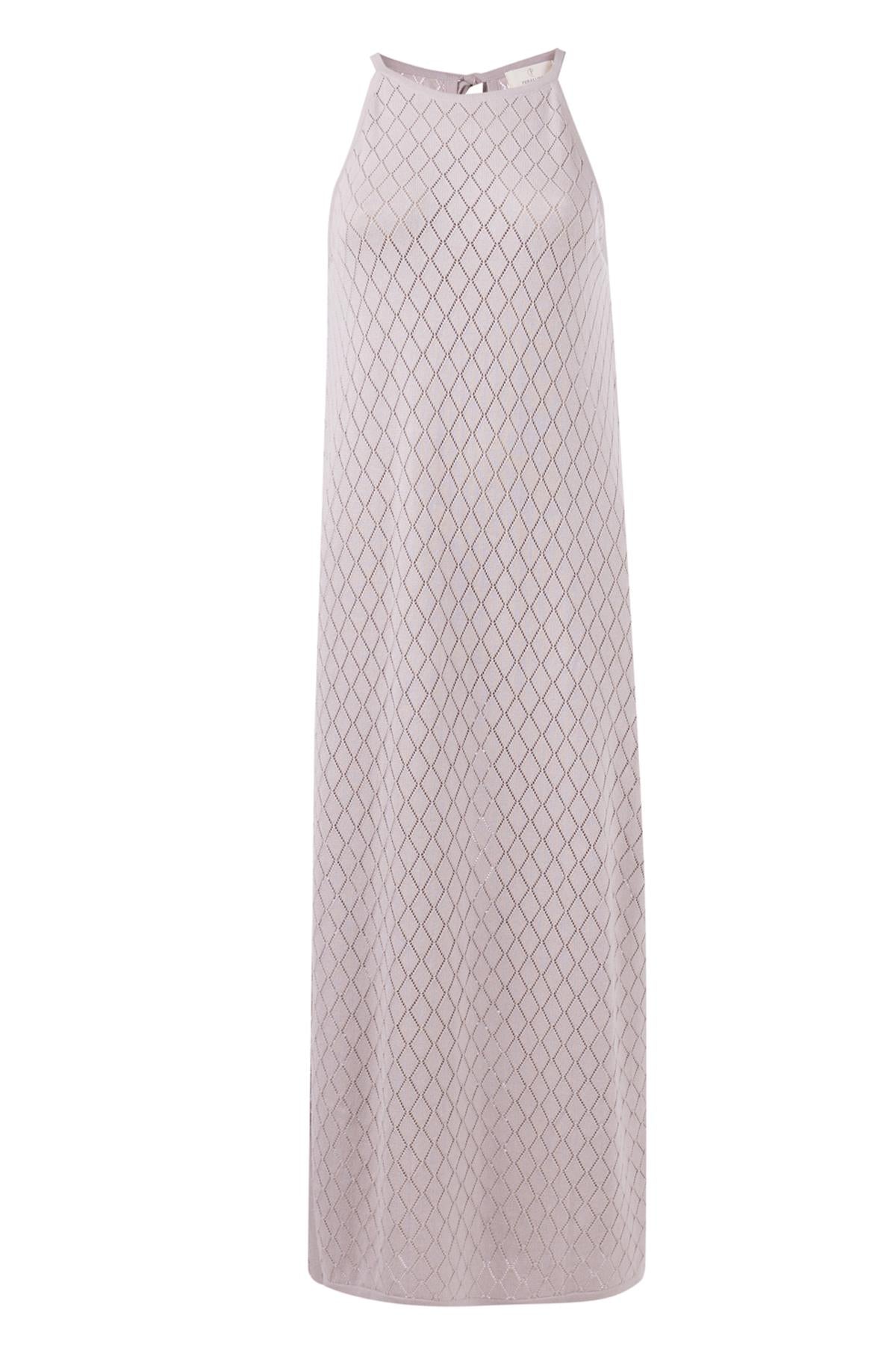 Peraluna-Lisa Dress Ajur örgü Dar Kesim Halter Yaka Arkası Bağcıklı Uzun Kadın Triko Elbise Taş-Elbise-9-Milagron.com