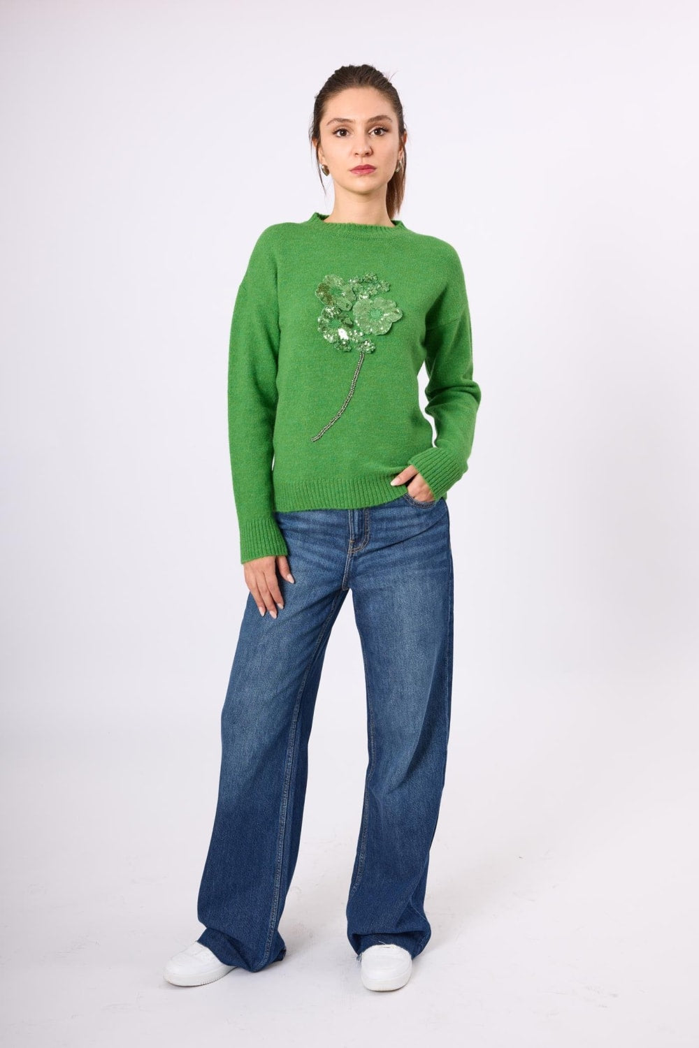 Peraluna-Lorna Boncuk İşlemeli Kadın Triko Kazak Açık Yeşil-Kazak & Triko-8-Milagron.com