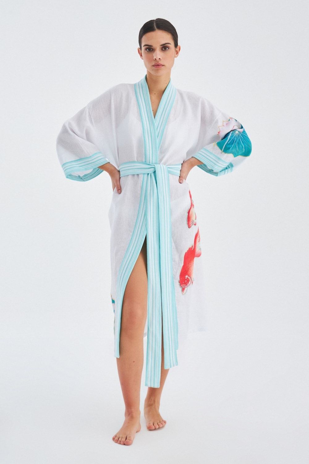 Peraluna-Lotus Balık Aplikeli Keten Karışımlı Diz Altı Kadın Kimono-Kimono-1-Milagron.com