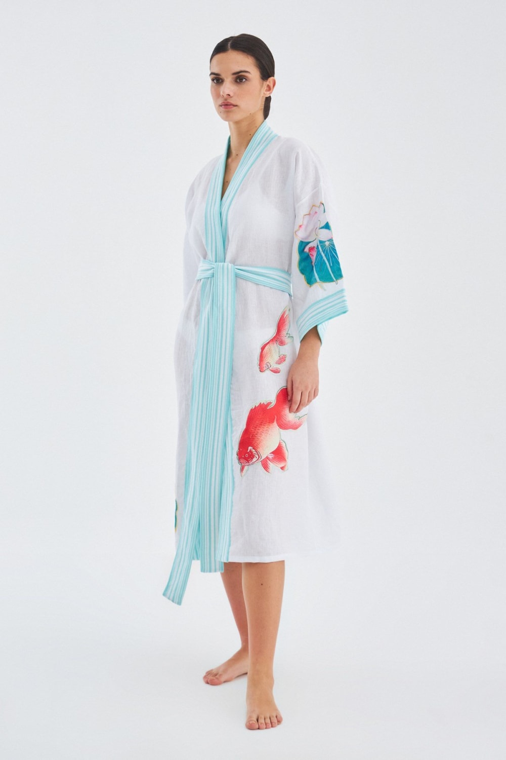 Peraluna-Lotus Balık Aplikeli Keten Karışımlı Diz Altı Kadın Kimono-Kimono-4-Milagron.com