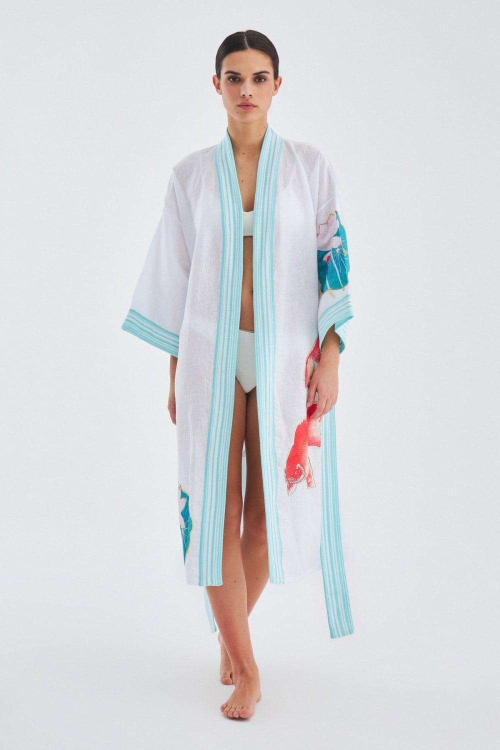 Peraluna-Lotus Balık Aplikeli Keten Karışımlı Diz Altı Kadın Kimono-Kimono-6-Milagron.com