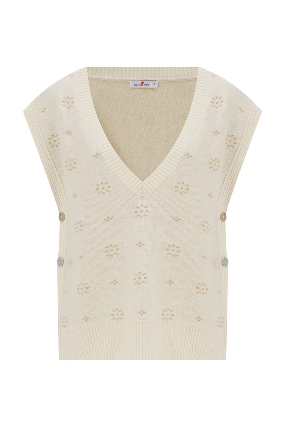 Peraluna-Lulu Vest Simli Kar Taneli Yanları Düğmeli V Yaka Kadın Triko Süveter Ekru-Kazak & Triko-9-Milagron.com
