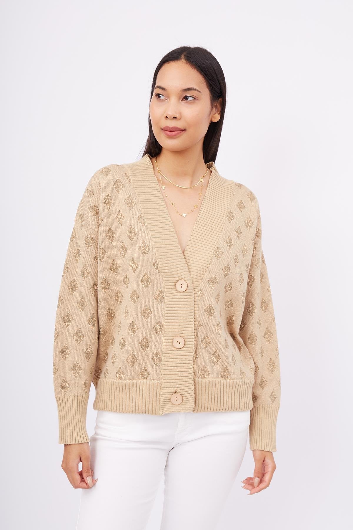 Peraluna-Madrigal Jacket Simli Diamond Desenli Geniş Kalıp Kadın Triko Hırka Bej-Kazak & Triko-2-Milagron.com
