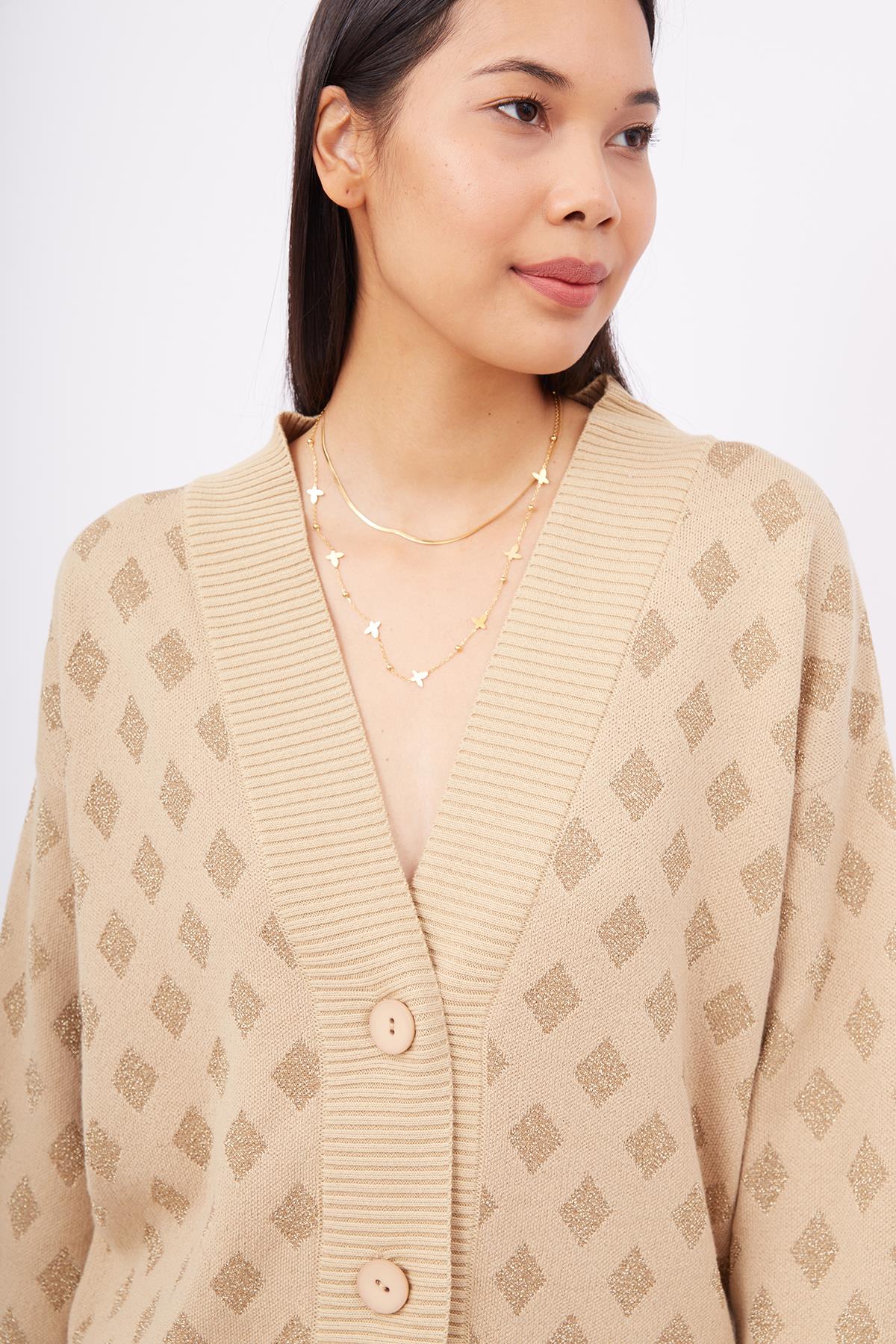 Peraluna-Madrigal Jacket Simli Diamond Desenli Geniş Kalıp Kadın Triko Hırka Bej-Kazak & Triko-3-Milagron.com