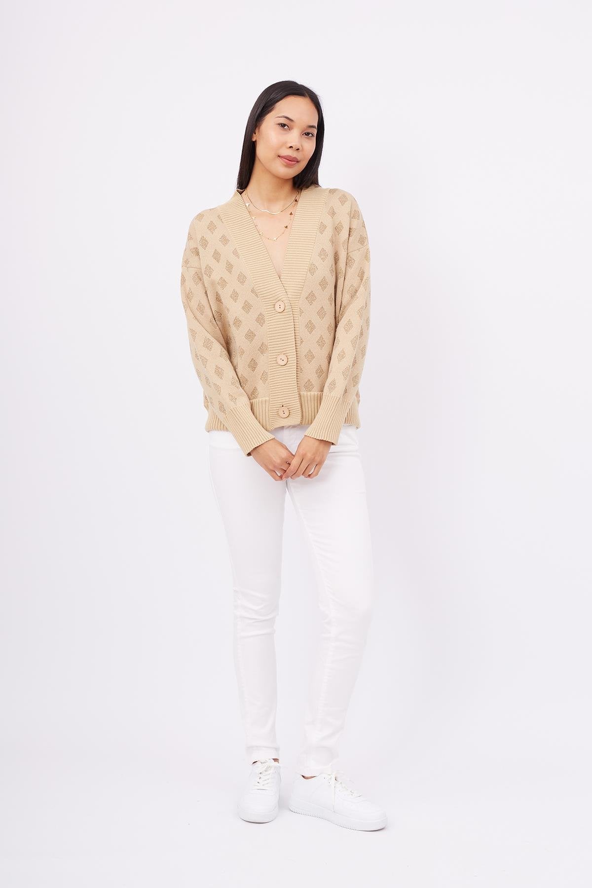 Peraluna-Madrigal Jacket Simli Diamond Desenli Geniş Kalıp Kadın Triko Hırka Bej-Kazak & Triko-6-Milagron.com
