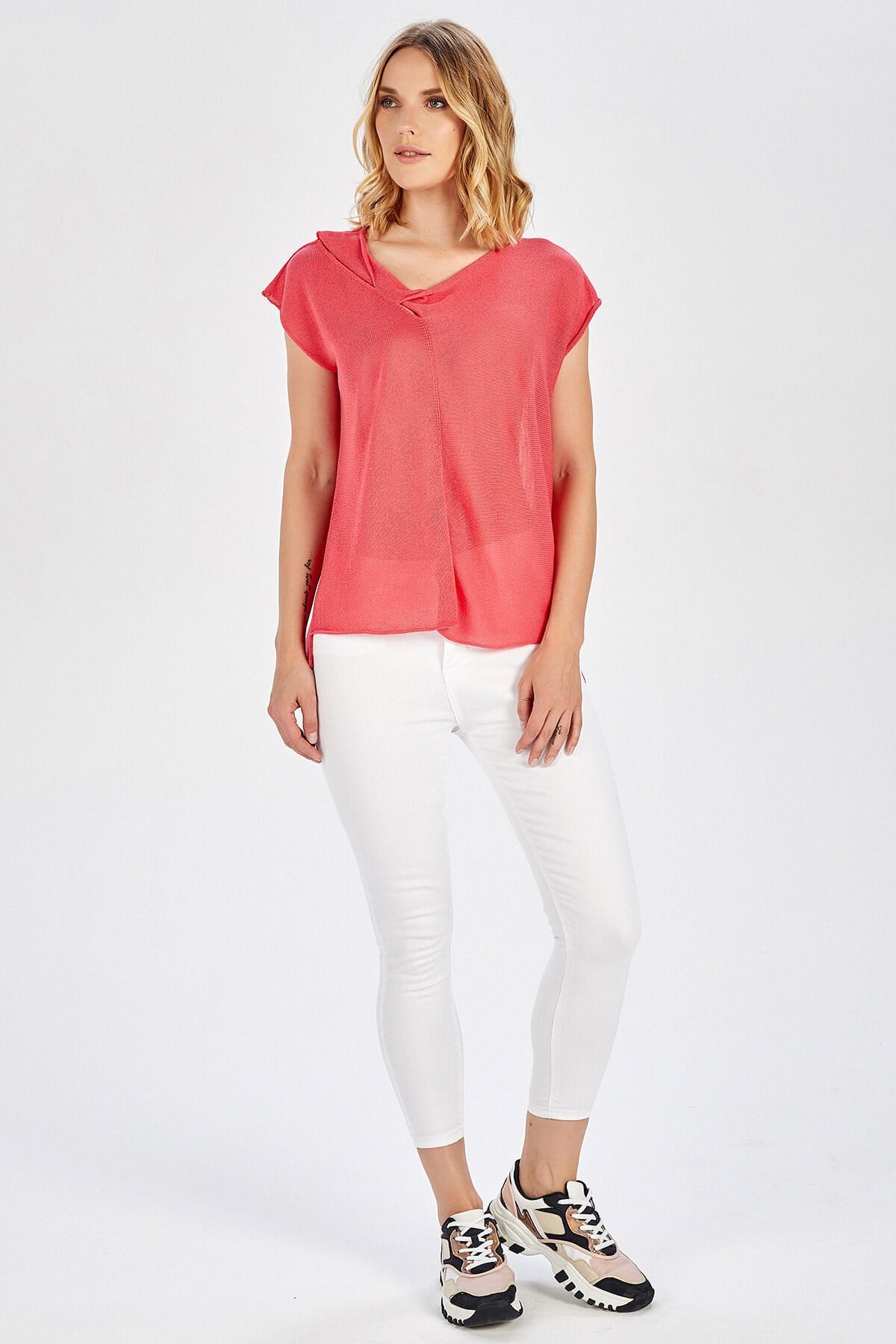 Peraluna Magenta Blouse Düşük Kol Bluz - Koral