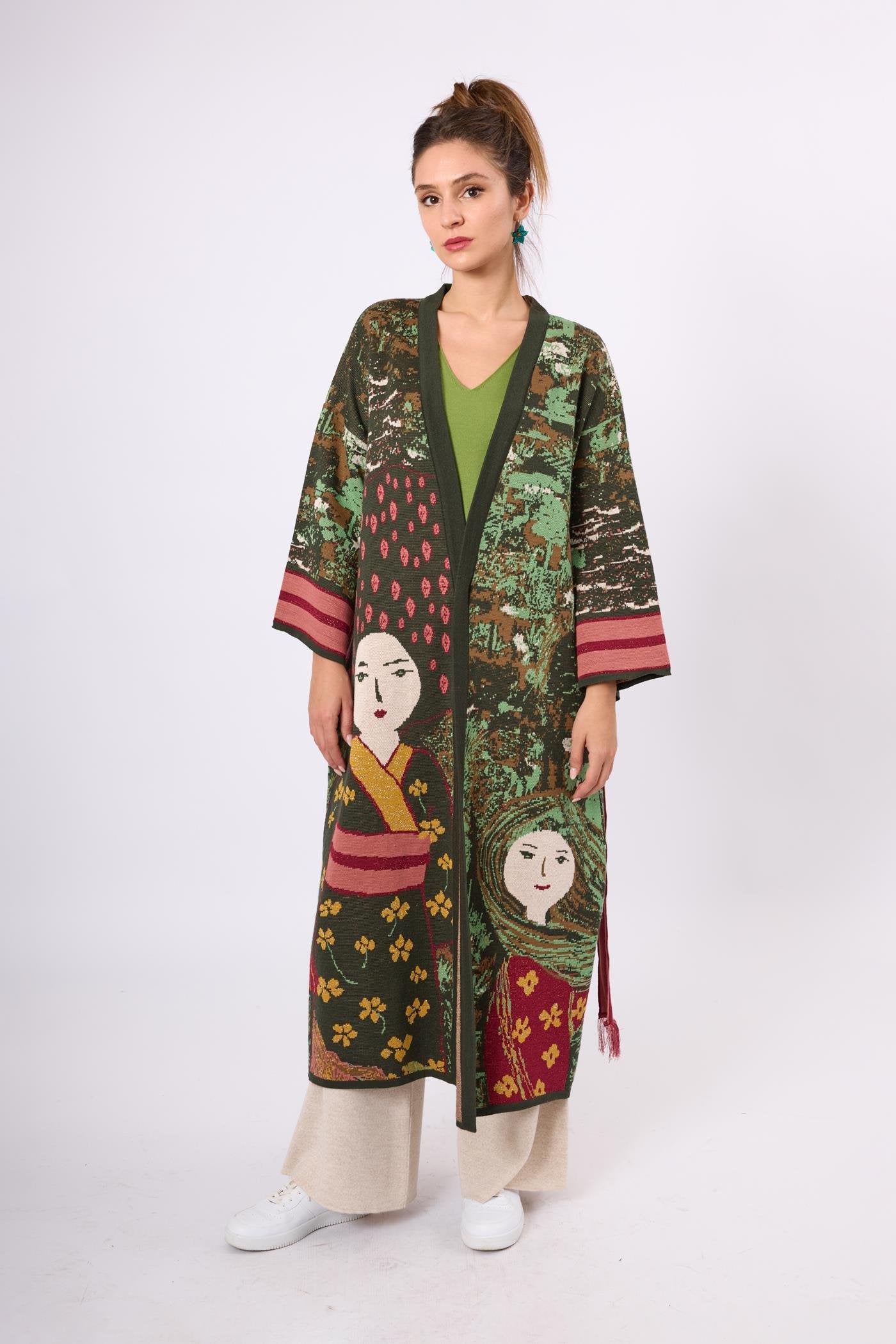Peraluna-Magic Moments Jakarlı Kadın Uzun Triko Kimono Koyu Yeşil Multi-Kimono-1-Milagron.com
