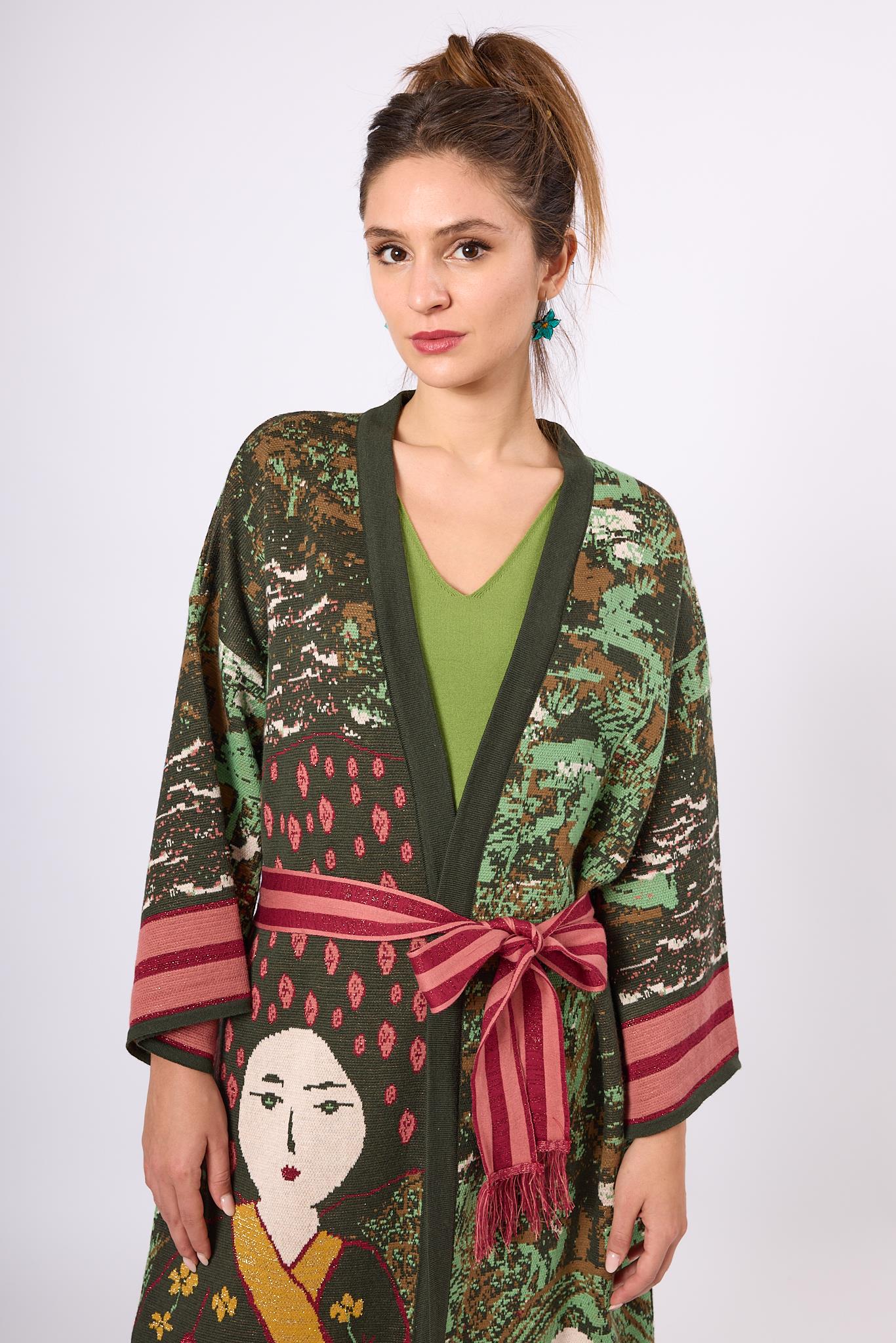 Peraluna-Magic Moments Jakarlı Kadın Uzun Triko Kimono Koyu Yeşil Multi-Kimono-2-Milagron.com