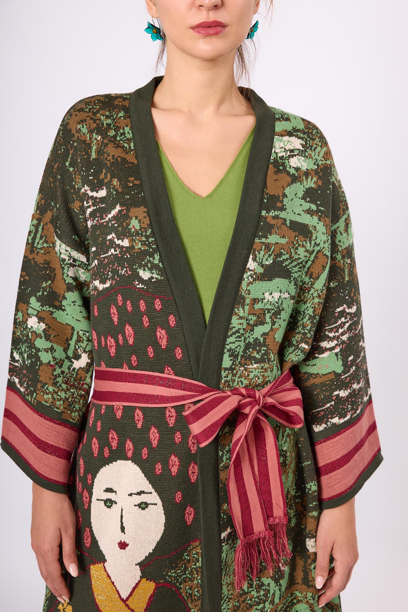 Peraluna-Magic Moments Jakarlı Kadın Uzun Triko Kimono Koyu Yeşil Multi-Kimono-3-Milagron.com