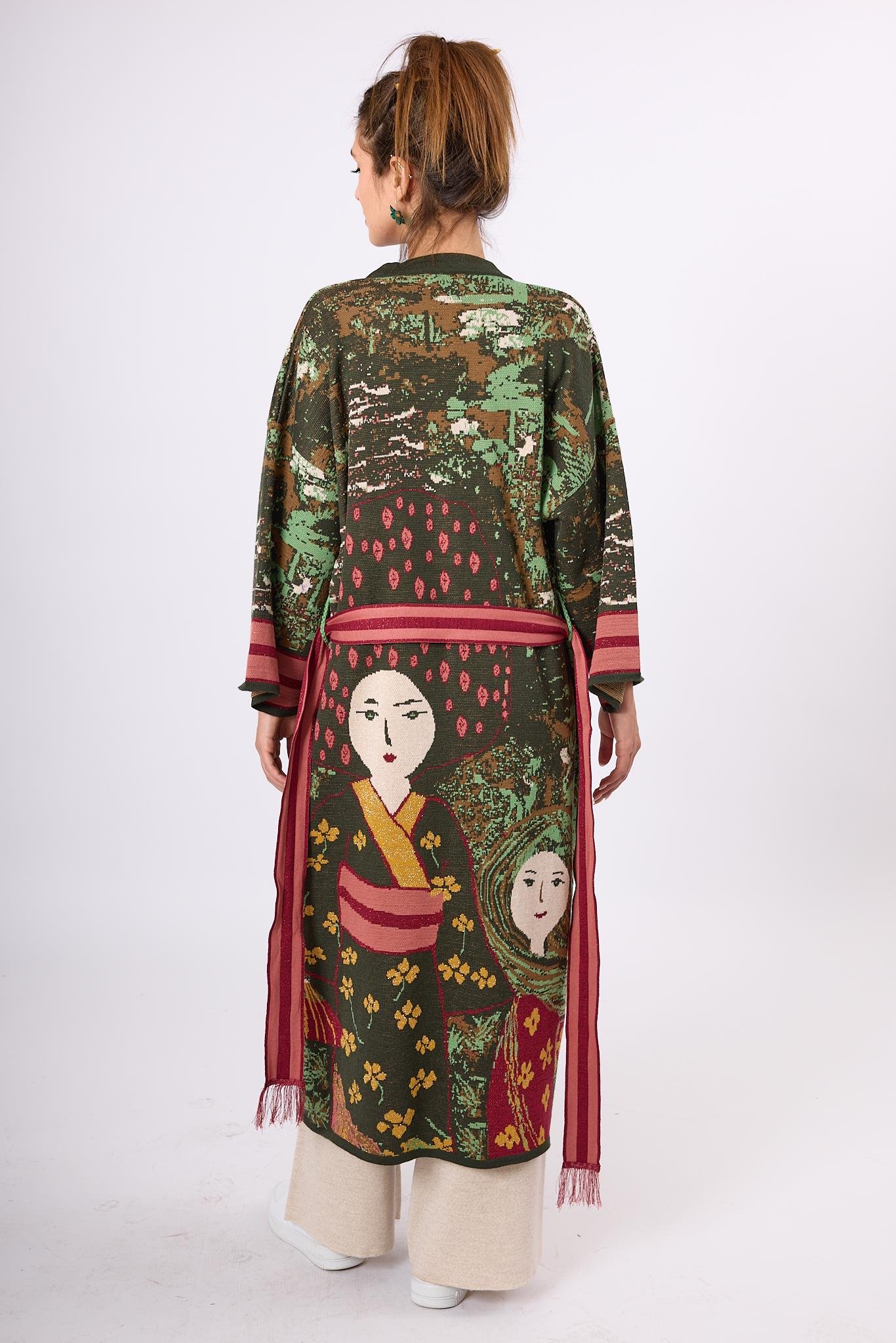 Peraluna-Magic Moments Jakarlı Kadın Uzun Triko Kimono Koyu Yeşil Multi-Kimono-5-Milagron.com