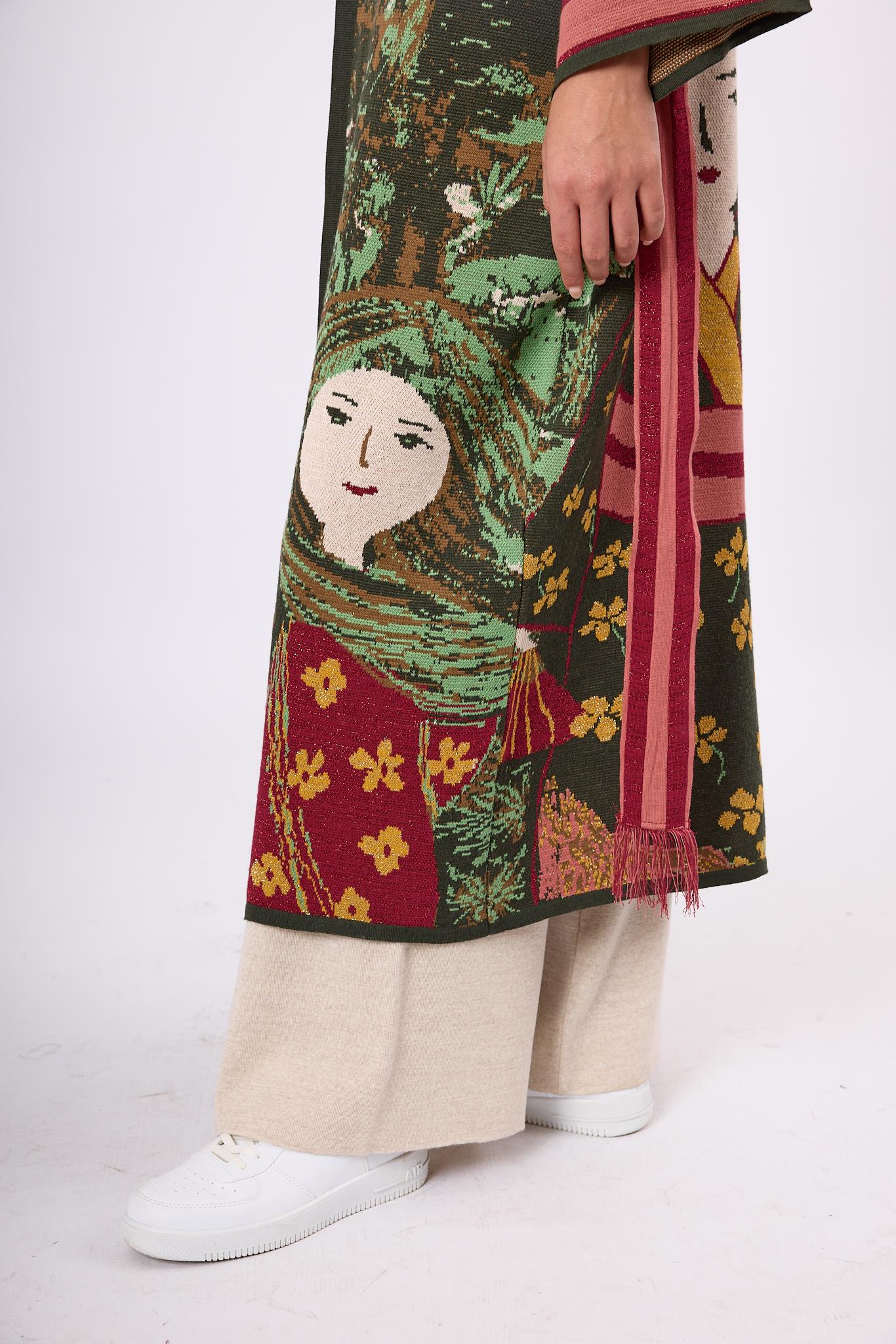 Peraluna-Magic Moments Jakarlı Kadın Uzun Triko Kimono Koyu Yeşil Multi-Kimono-6-Milagron.com