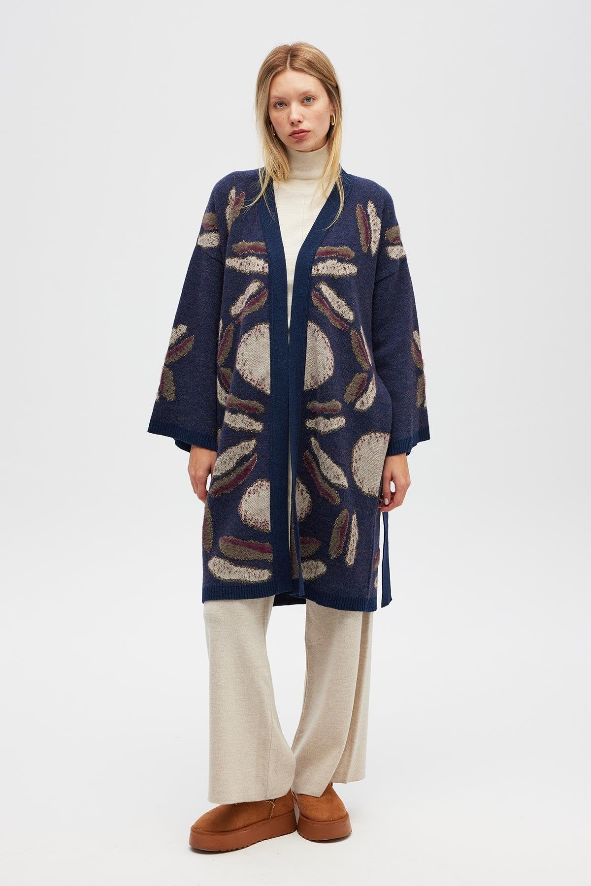Peraluna-Makoya Desenli Kadın Triko Kimono Indigo Multi-Kimono-1-Milagron.com