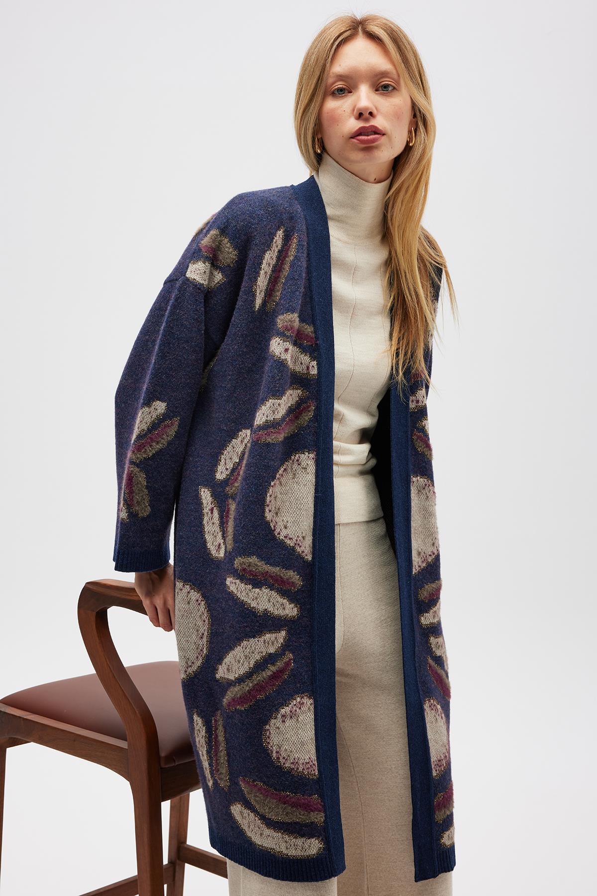 Peraluna-Makoya Desenli Kadın Triko Kimono Indigo Multi-Kimono-3-Milagron.com