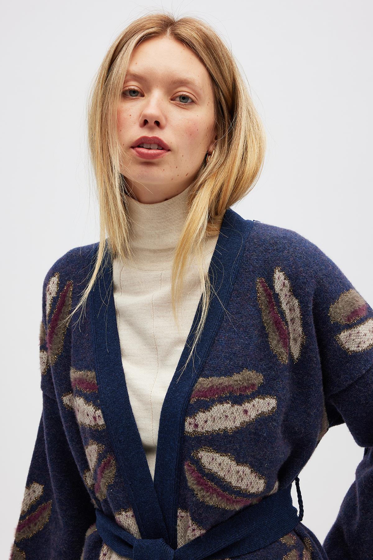 Peraluna-Makoya Desenli Kadın Triko Kimono Indigo Multi-Kimono-5-Milagron.com
