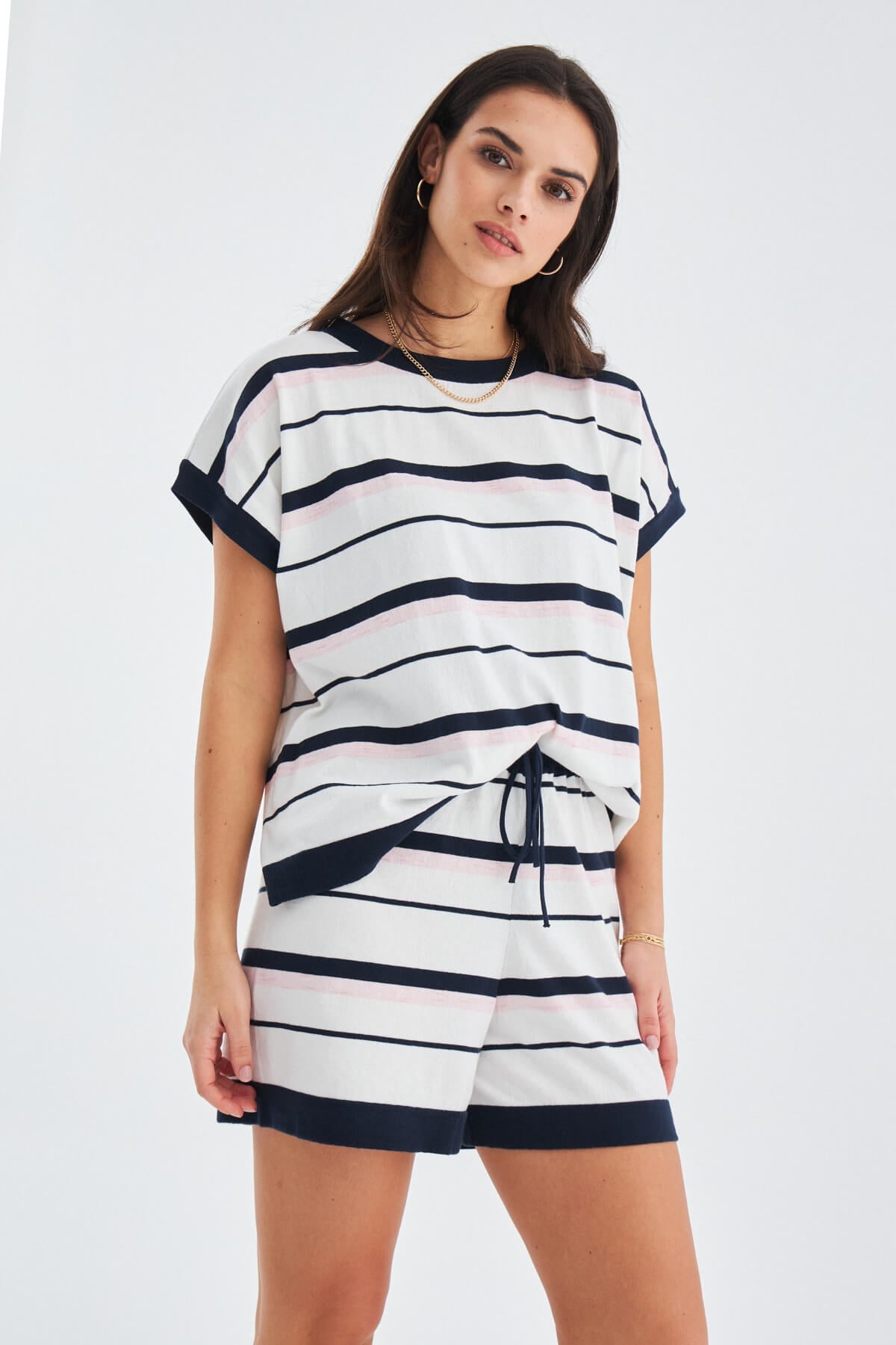 Peraluna Marine Blouse & Shorts %100 Pamuk Yazlık Kadın Triko Şort Takım - Lacivert/Ekru