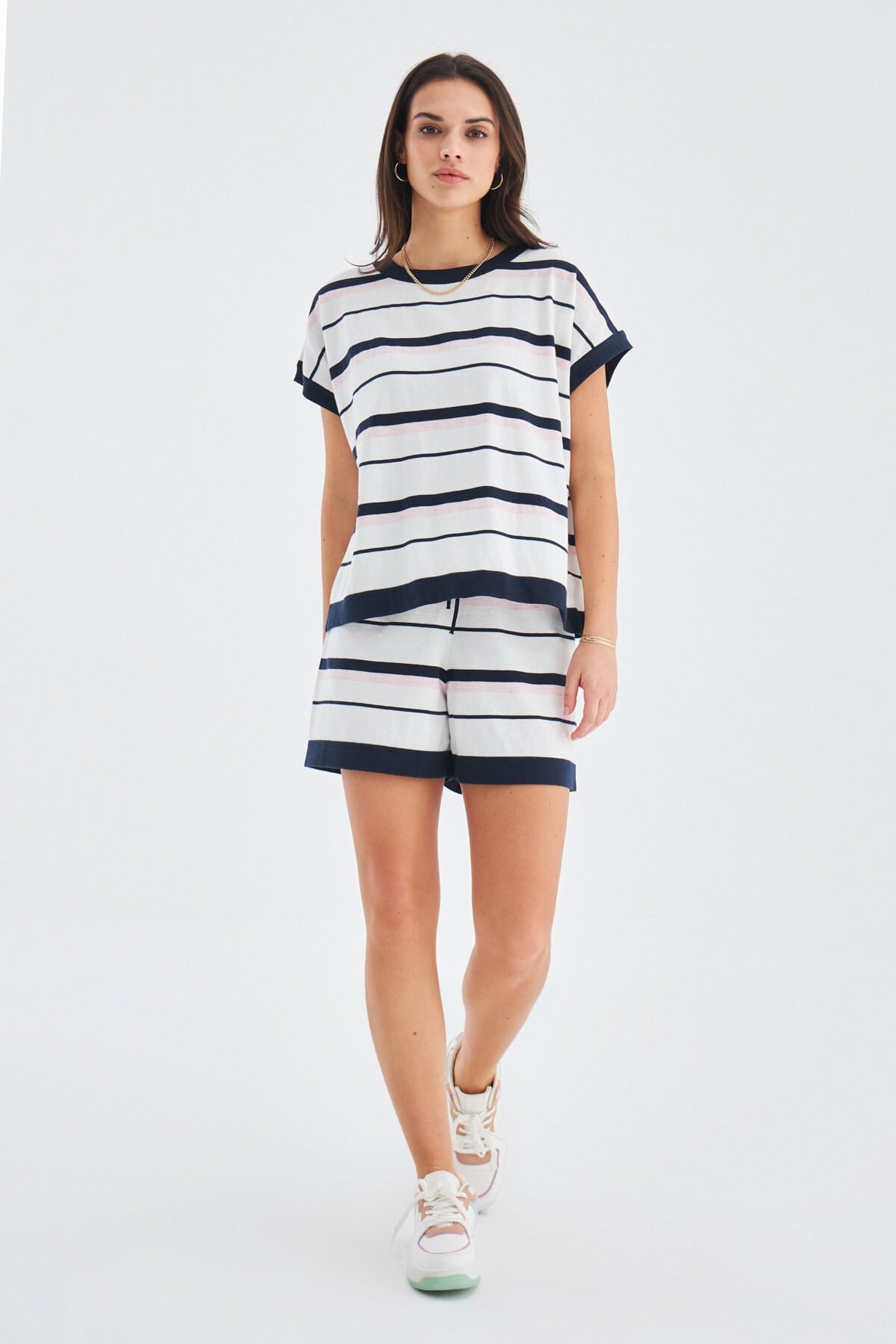 Peraluna Marine Blouse & Shorts %100 Pamuk Yazlık Kadın Triko Şort Takım - Lacivert/Ekru