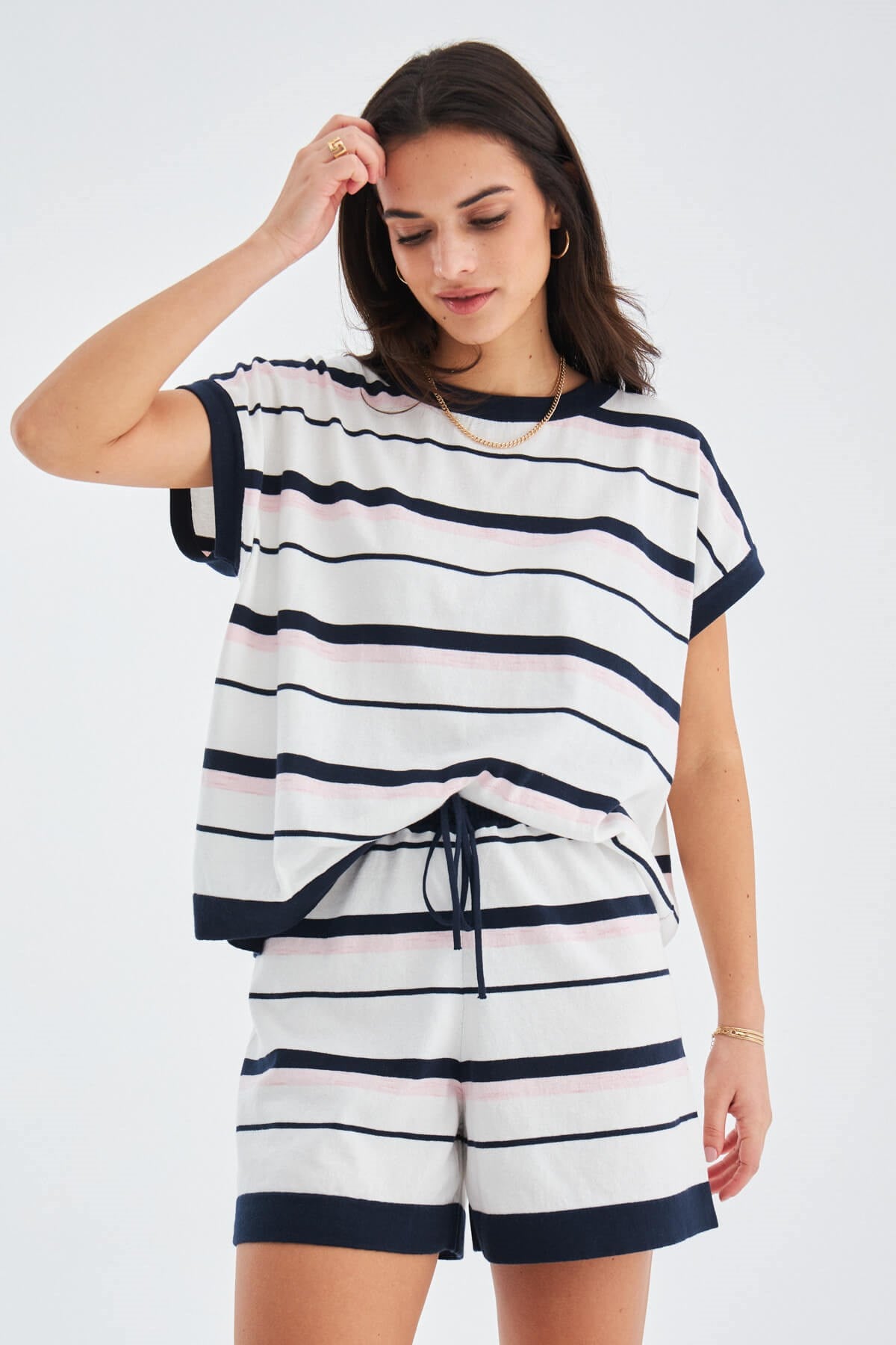 Peraluna Marine Blouse & Shorts %100 Pamuk Yazlık Kadın Triko Şort Takım - Lacivert/Ekru