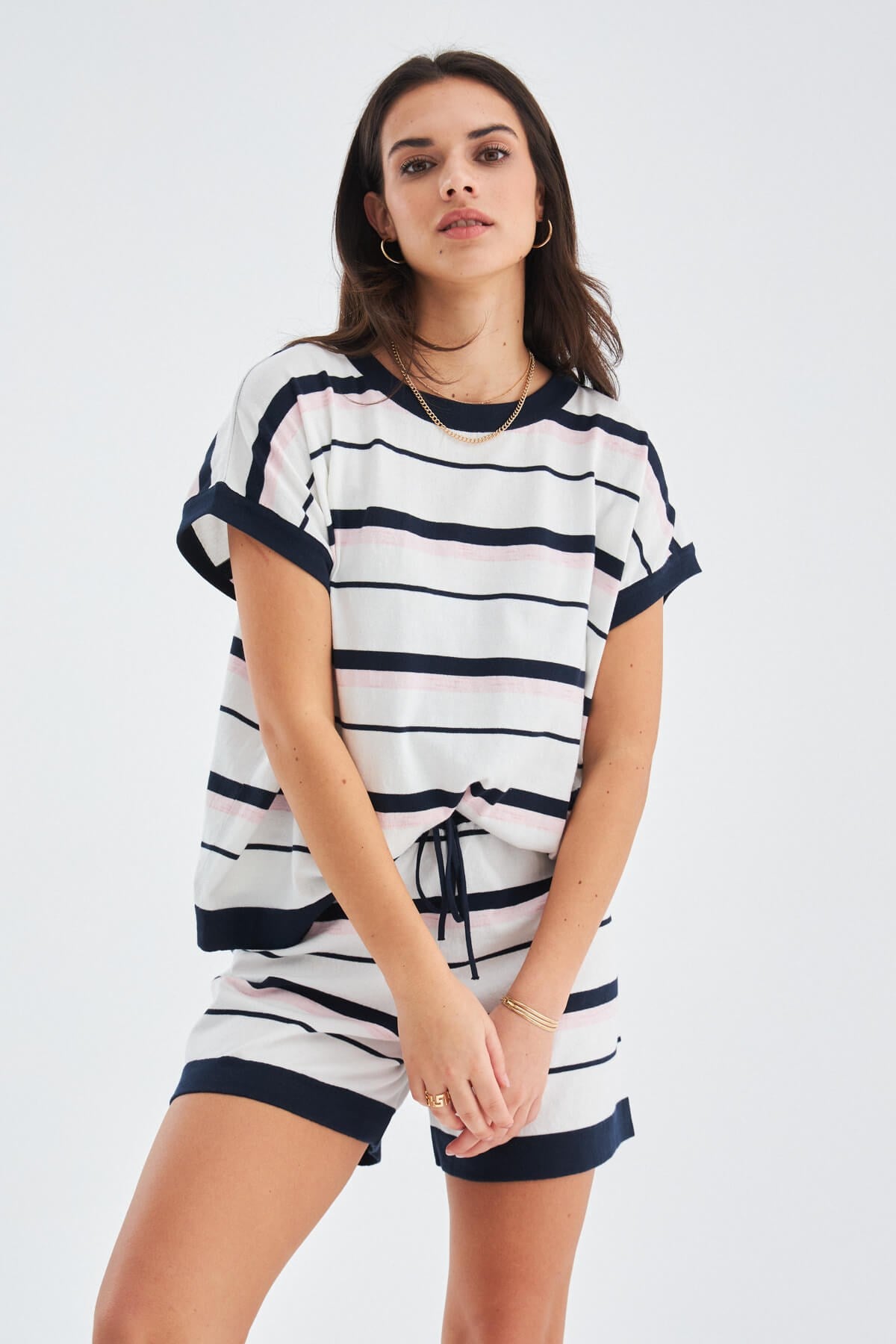 Peraluna Marine Blouse & Shorts %100 Pamuk Yazlık Kadın Triko Şort Takım - Lacivert/Ekru