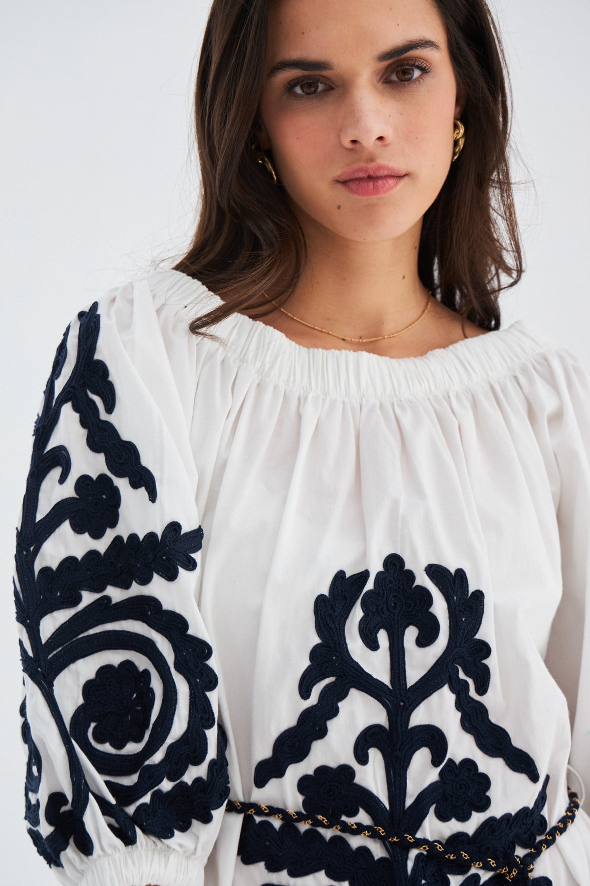 Peraluna Masumi Dress %100 Pamuk Diz Hizası Yazlık Kadın Elbise - Beyaz/Lacivert