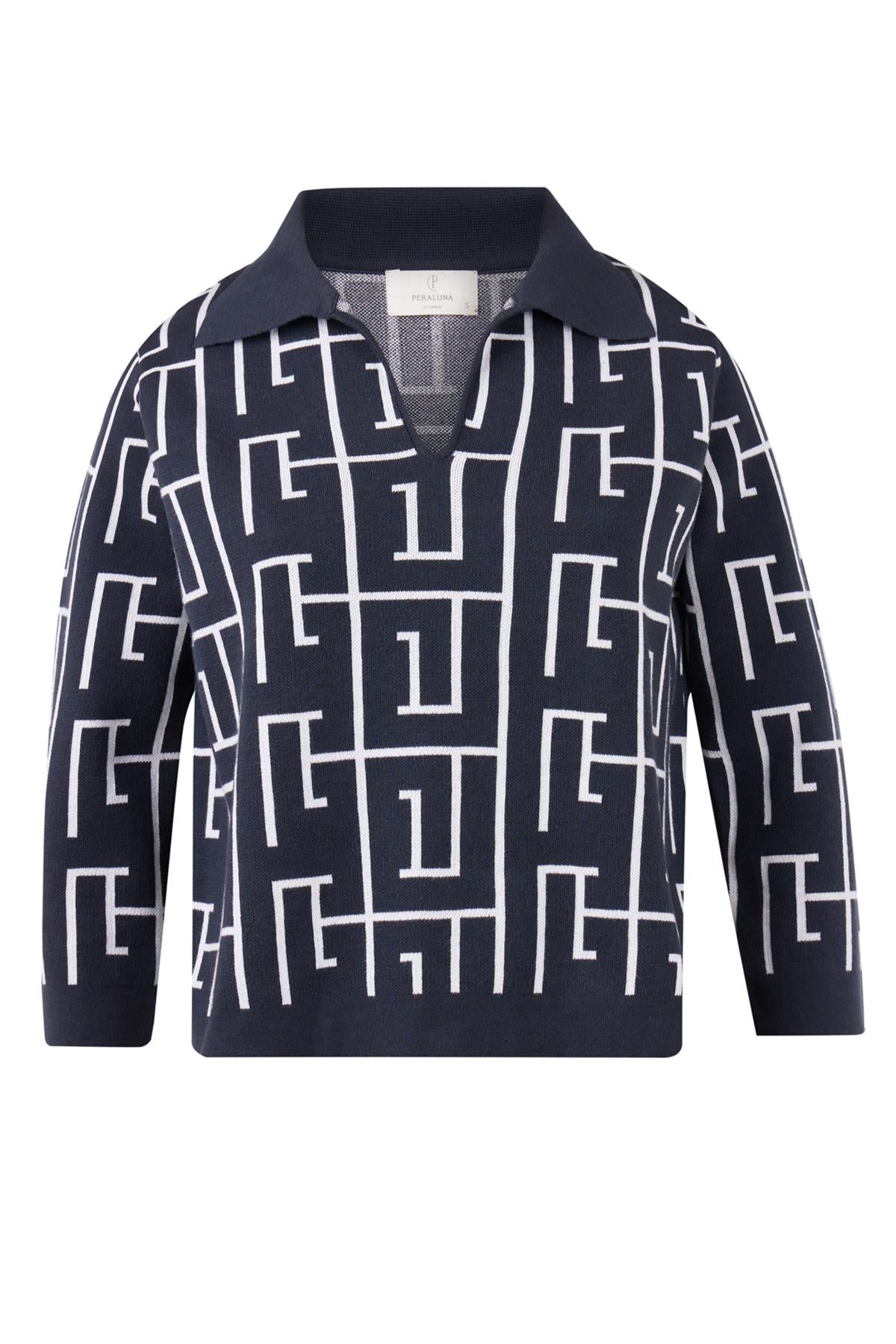 Peraluna-Maze Blouse Labirent Desen Crop Kesim Polo Yaka Kadın Triko Bluz Antrasit/Ekru-Bluz-8-Milagron.com