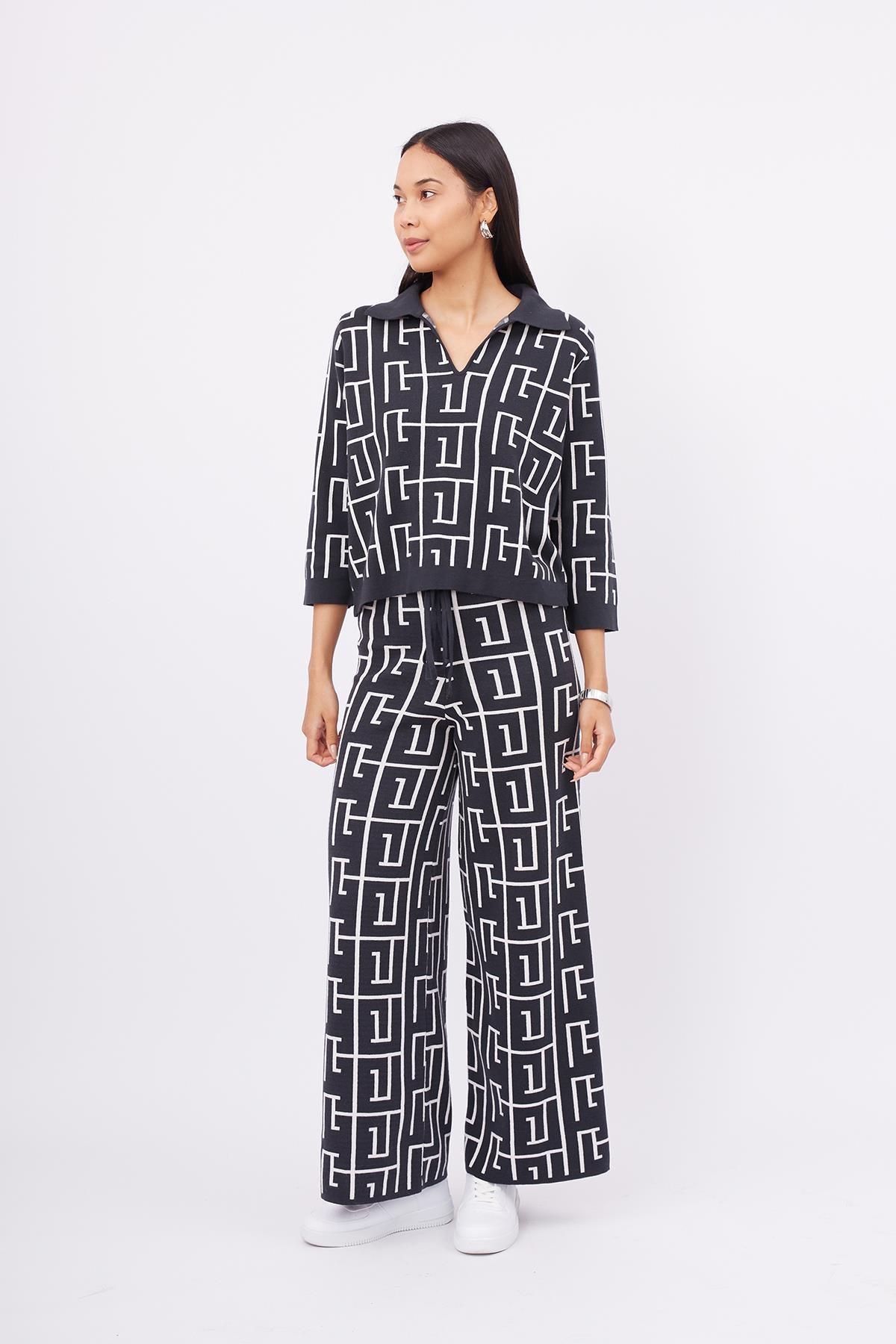 Peraluna-Maze Trouser Labirent Desen Yüksek Bel Rahat Kesim Beli Lastikli Kadın Triko Pantolon Antrasit/Ekru-Pantolon-5-Milagron.com