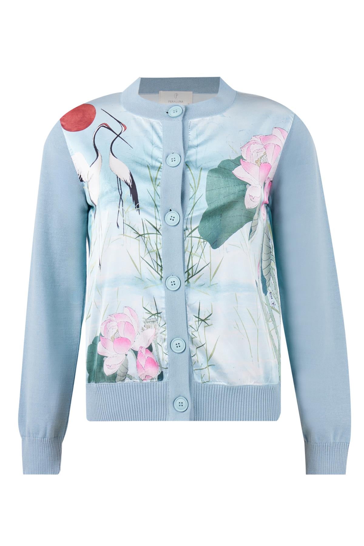 Peraluna-Melinda Cardigan Önü Saten üstüne Baskılı Standart Fit O Yaka Kadın Triko Hırka Toz Mavi-Kazak & Triko-8-Milagron.com