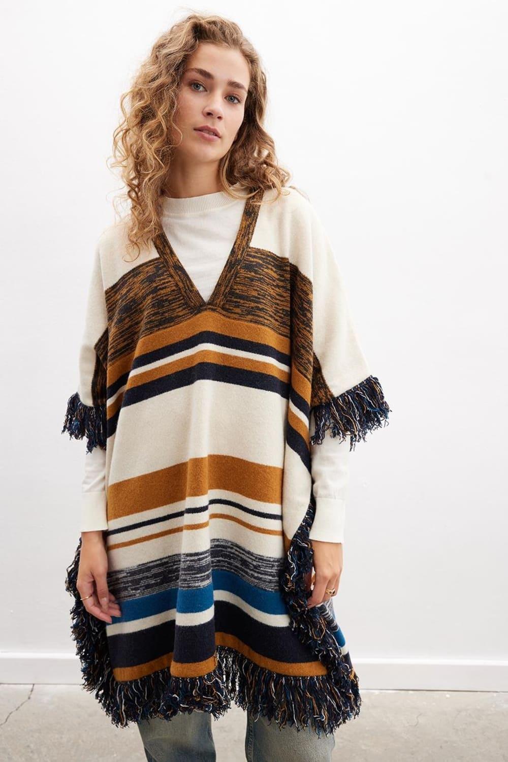 Peraluna-Melody Poncho çizgili Yün Karışım Diz Boy Püsküllü Kadın Triko Panço-Panço-2-Milagron.com