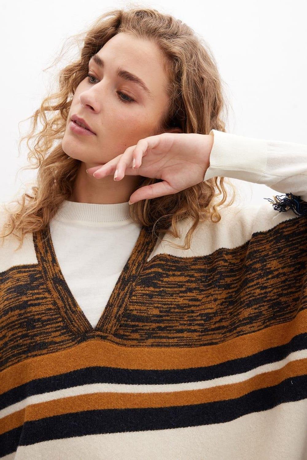 Peraluna-Melody Poncho çizgili Yün Karışım Diz Boy Püsküllü Kadın Triko Panço-Panço-3-Milagron.com