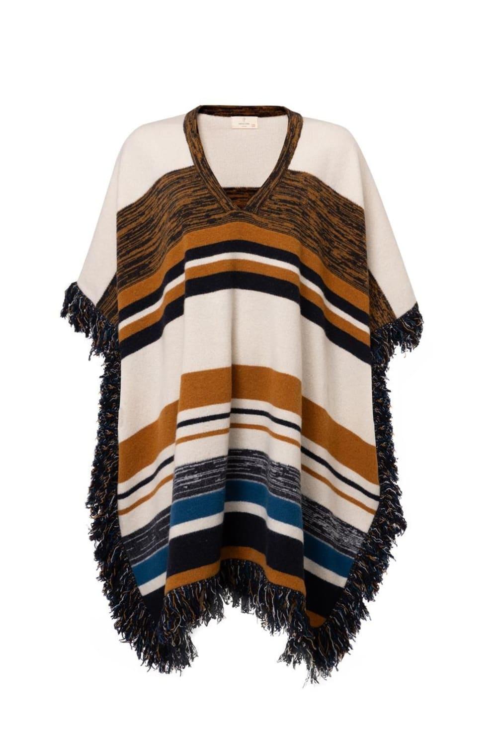 Peraluna-Melody Poncho çizgili Yün Karışım Diz Boy Püsküllü Kadın Triko Panço-Panço-5-Milagron.com