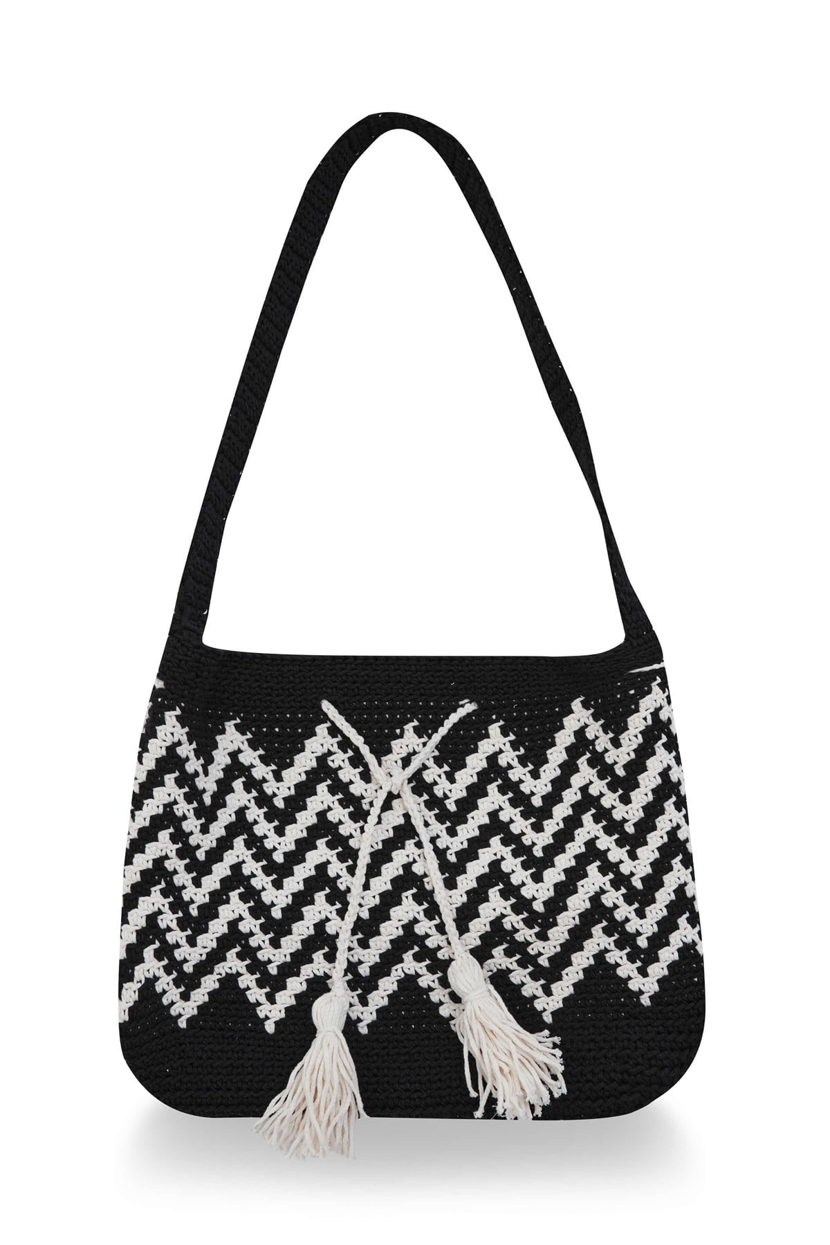 Peraluna MiA Bag %100 Pamuklu El Yapımı Kadın Triko Çanta - Siyah/Ekru