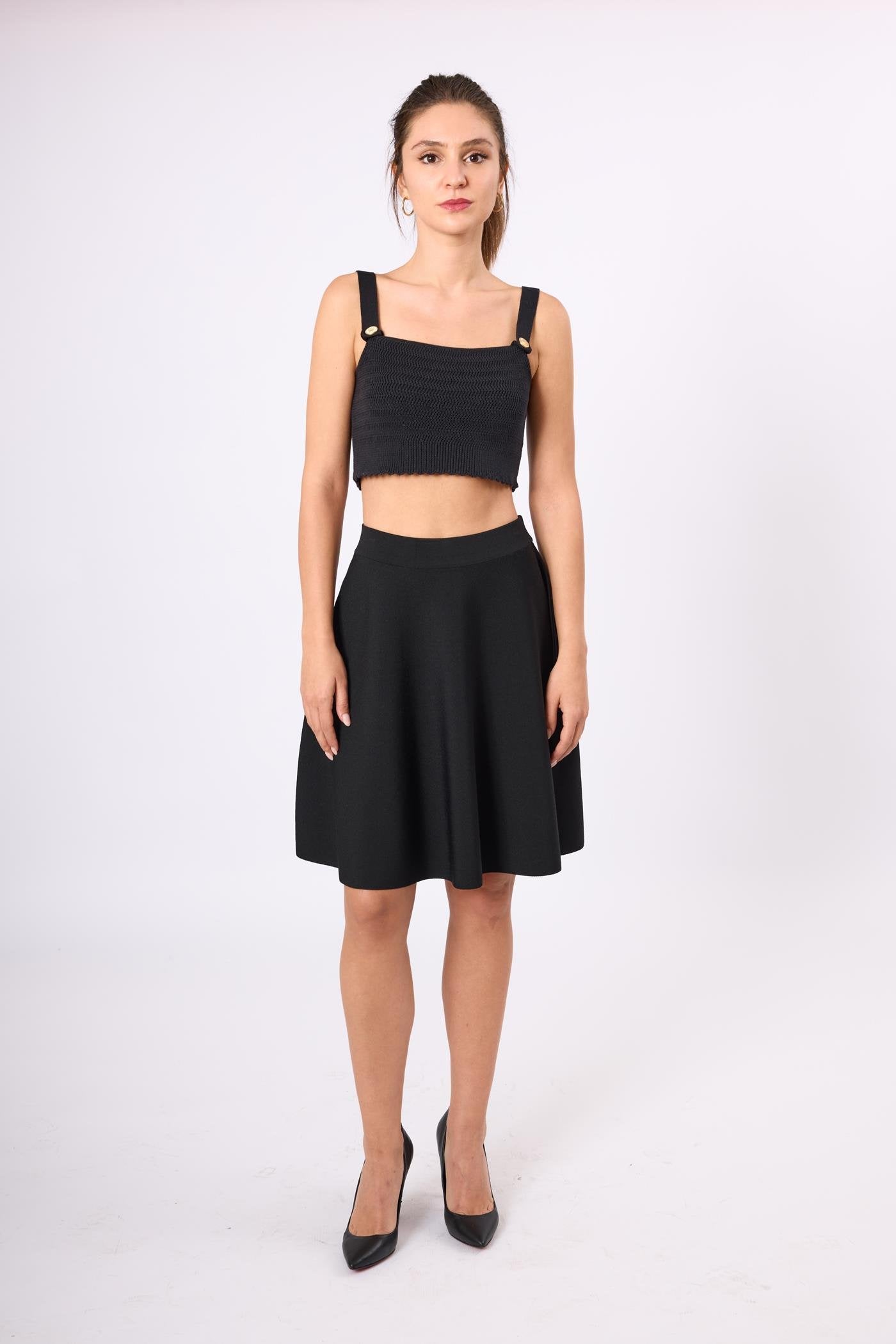 Peraluna-Michele Volanlı Mini Triko Etek Siyah-Etek-1-Milagron.com