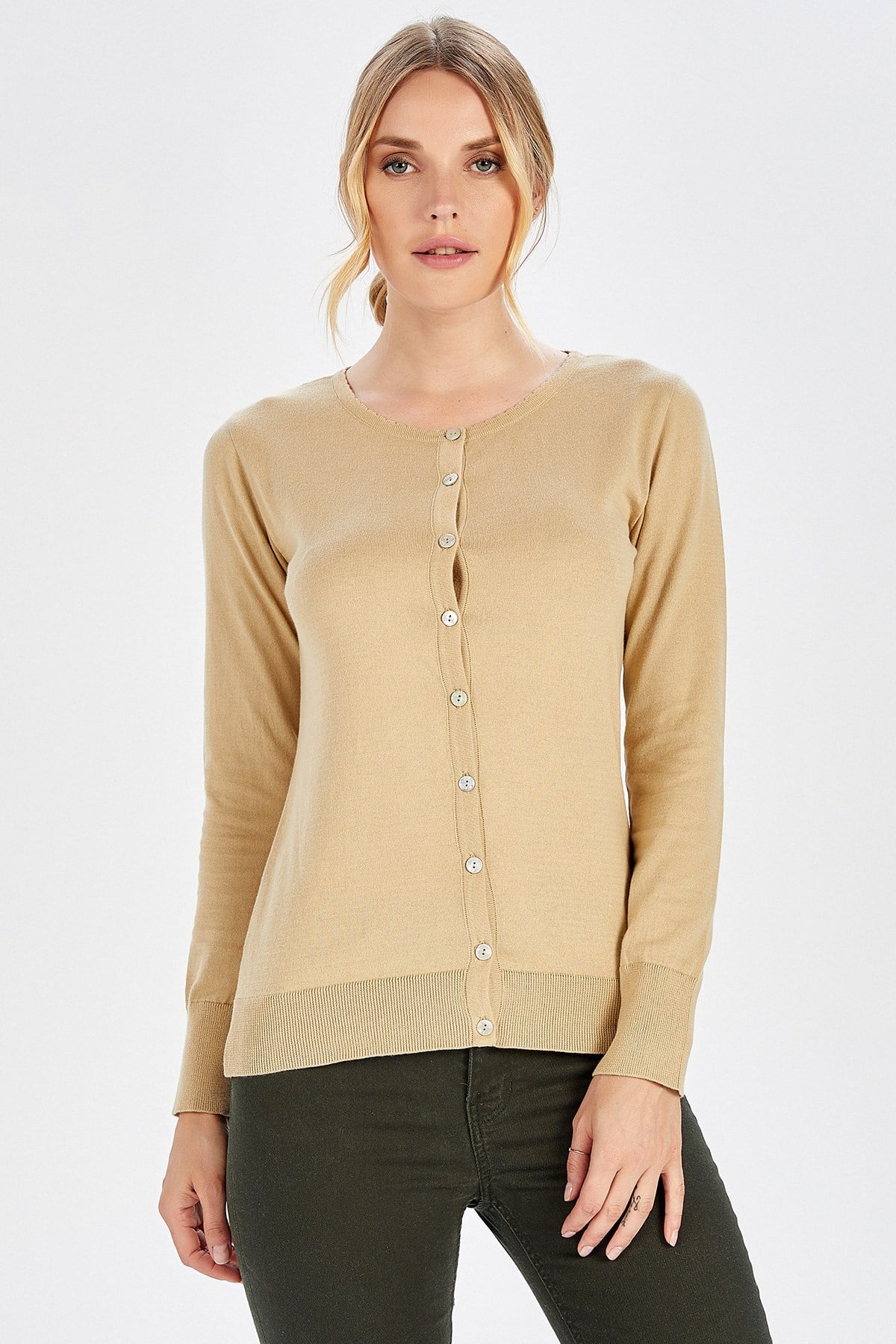 Peraluna Mila Cardigan Bisiklet Yaka Basic Pamuklu Kadın Triko Hırka - Bej