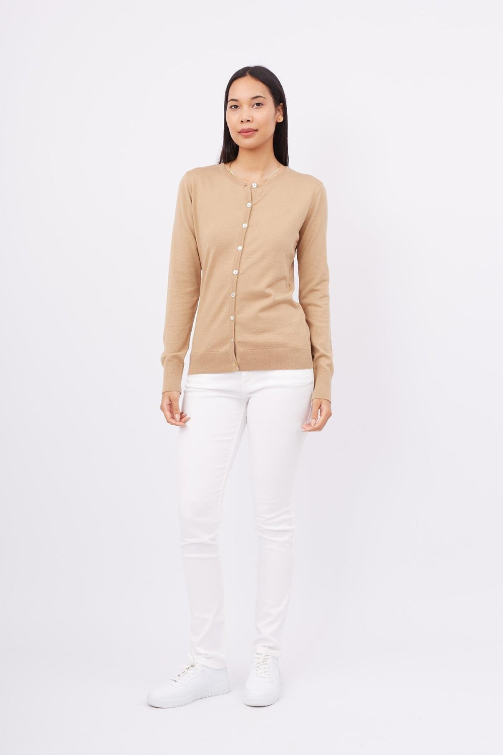 Peraluna-Mila Cardigan Bisiklet Yaka Basic Pamuklu Kadın Triko Hırka Camel-Kazak & Triko-1-Milagron.com