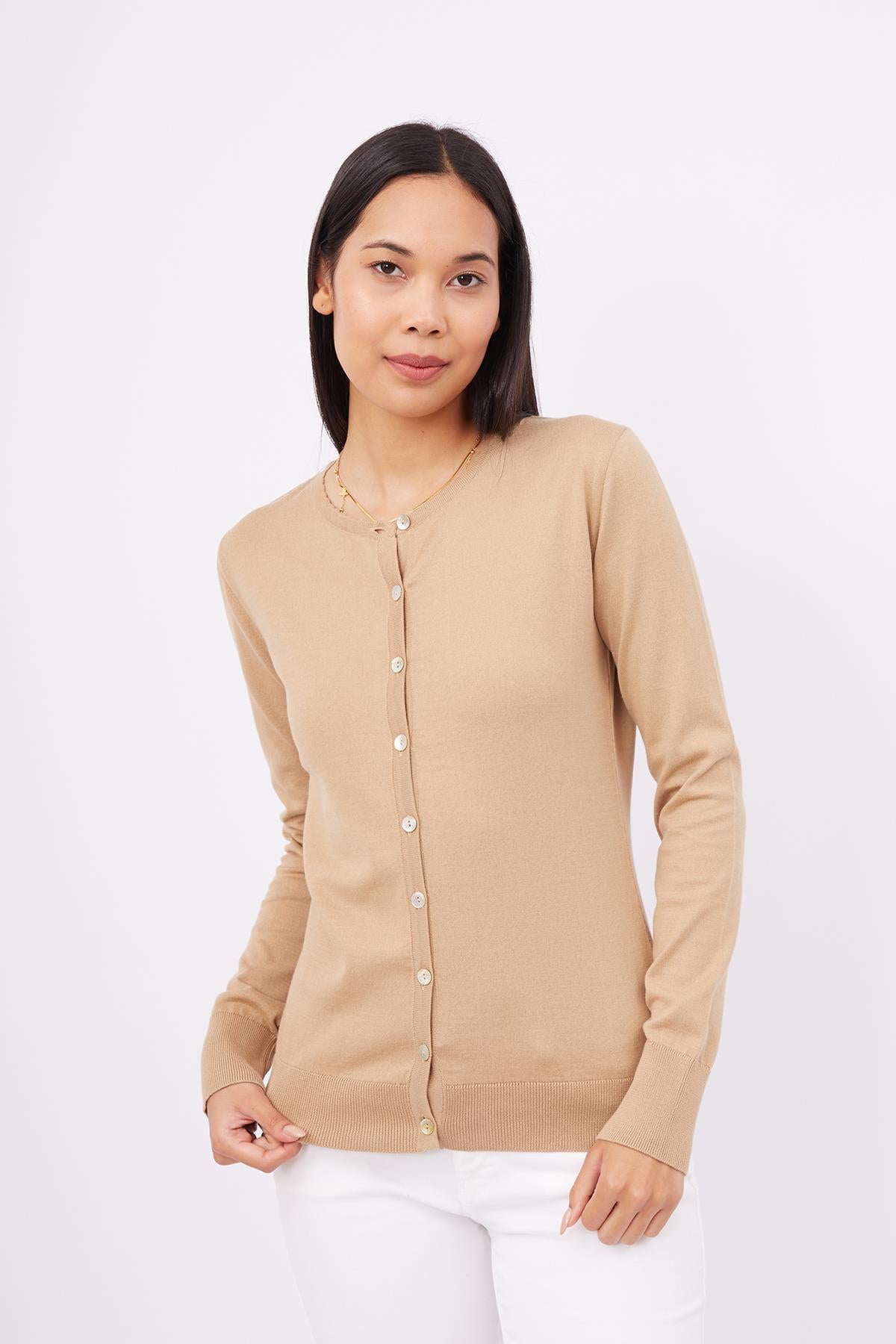 Peraluna-Mila Cardigan Bisiklet Yaka Basic Pamuklu Kadın Triko Hırka Camel-Kazak & Triko-2-Milagron.com