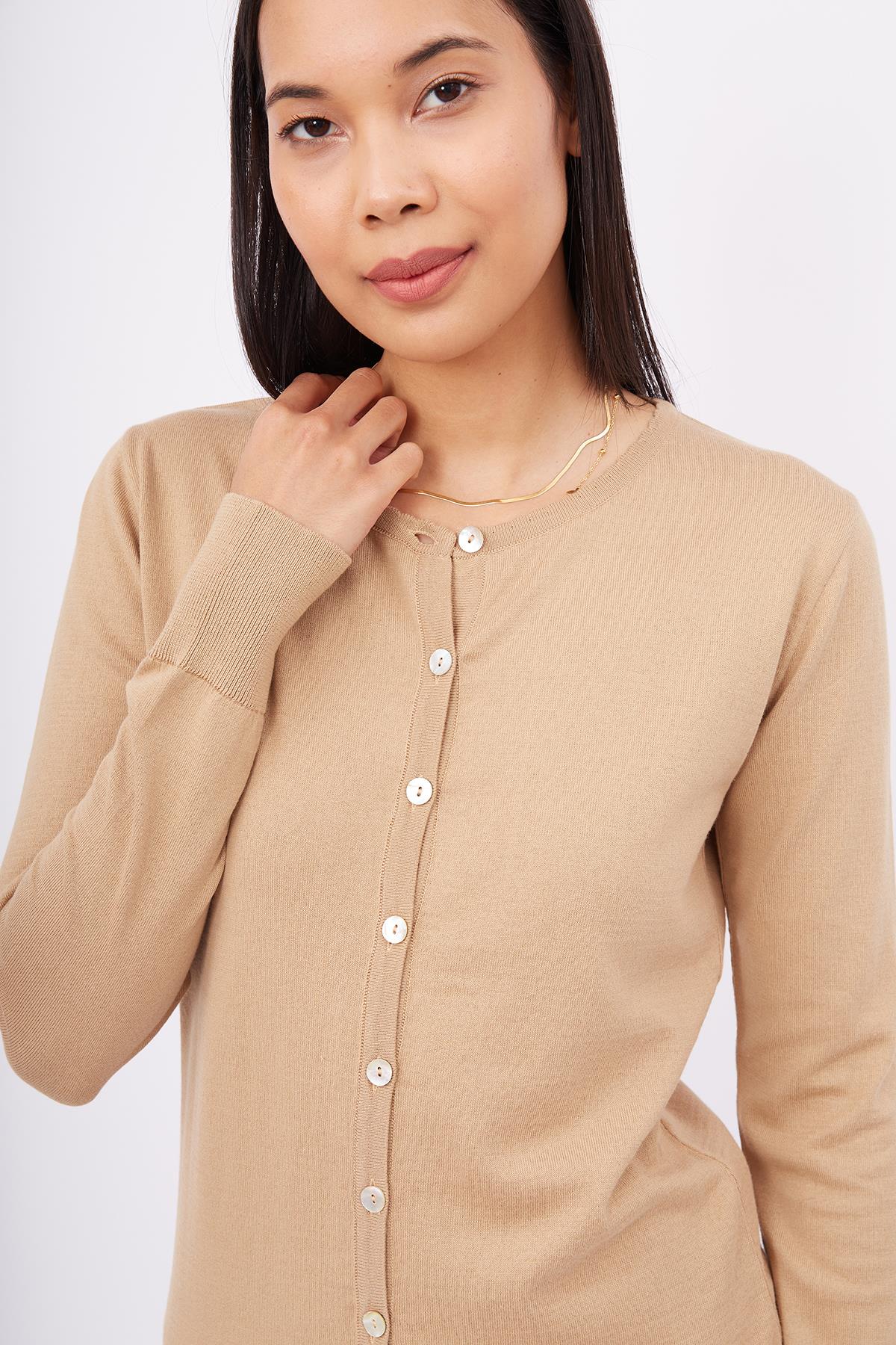 Peraluna-Mila Cardigan Bisiklet Yaka Basic Pamuklu Kadın Triko Hırka Camel-Kazak & Triko-4-Milagron.com