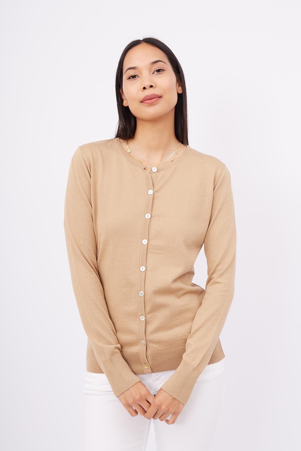 Peraluna-Mila Cardigan Bisiklet Yaka Basic Pamuklu Kadın Triko Hırka Camel-Kazak & Triko-6-Milagron.com