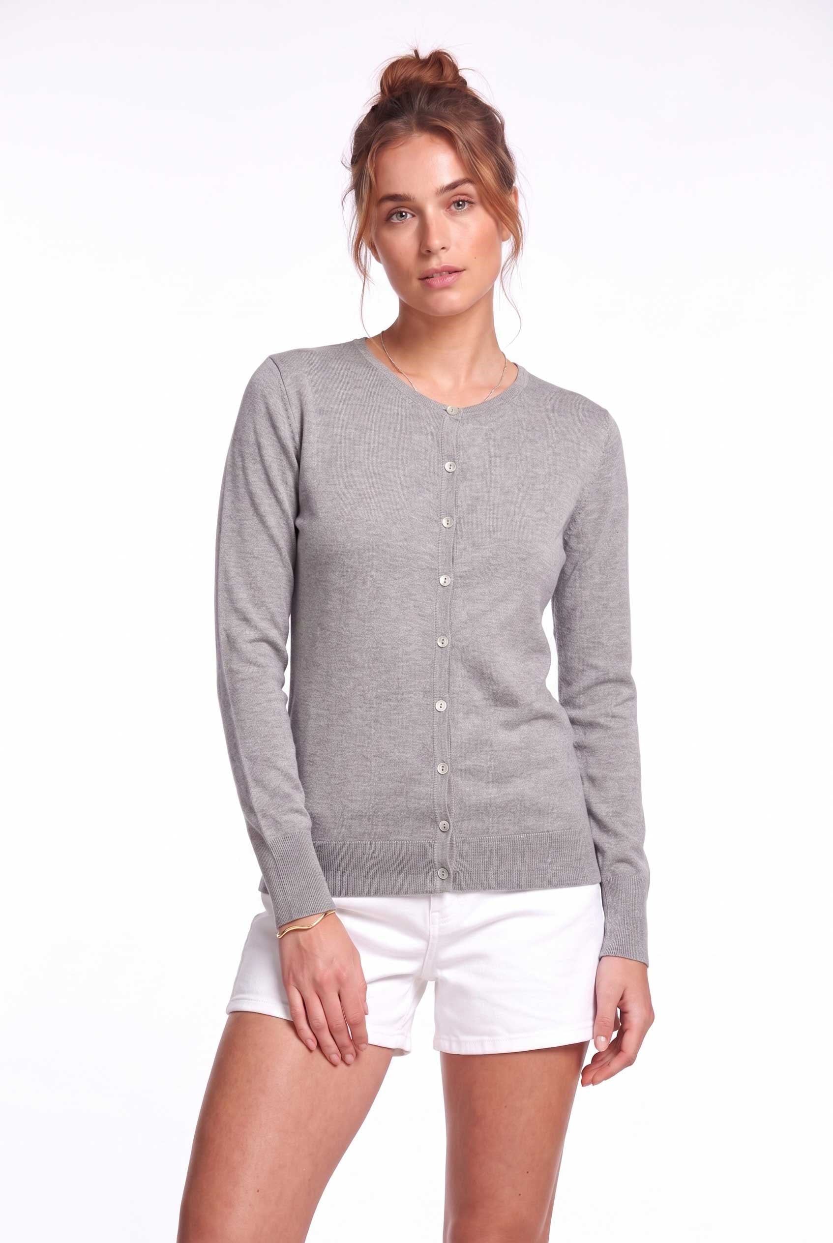 Peraluna Mila Cardigan Bisiklet Yaka Basic Pamuklu Kadın Triko Hırka - Gri Melanj