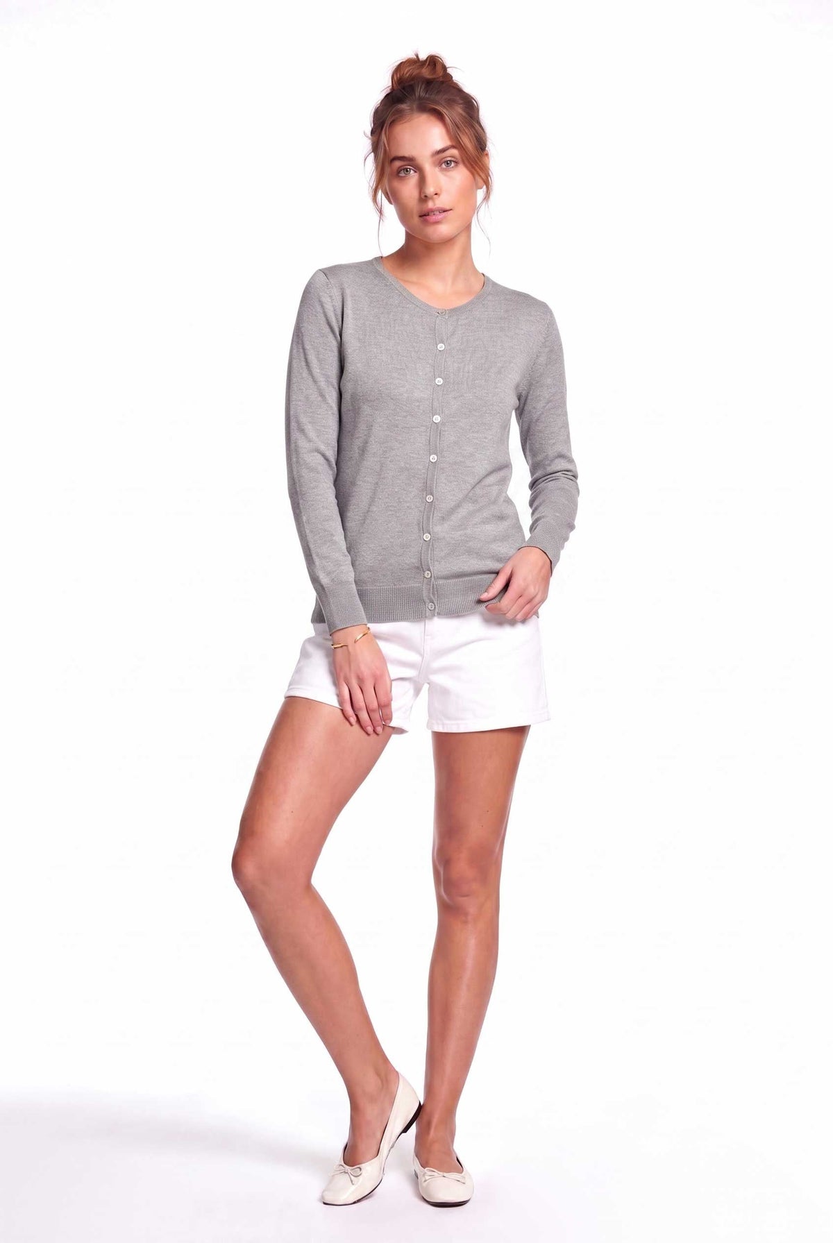 Peraluna Mila Cardigan Bisiklet Yaka Basic Pamuklu Kadın Triko Hırka - Gri Melanj
