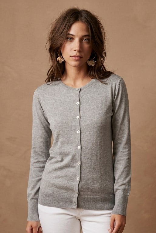 Peraluna Mila Cardigan Bisiklet Yaka Basic Pamuklu Kadın Triko Hırka - Gri Melanj