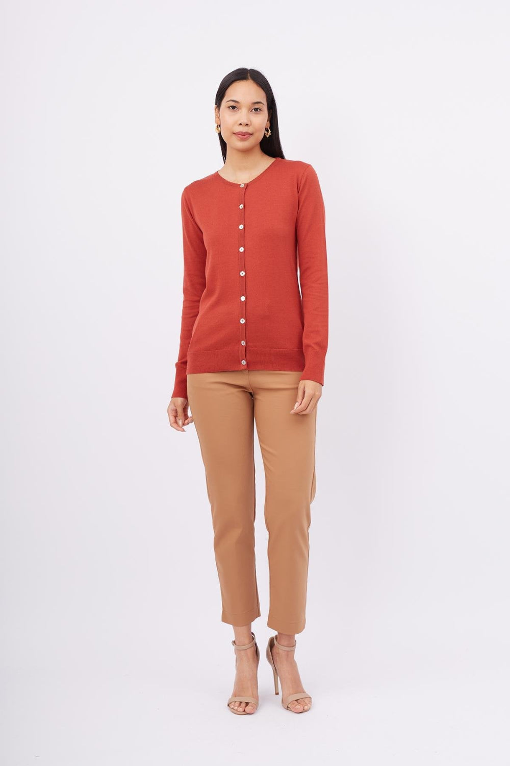 Peraluna-Mila Cardigan Bisiklet Yaka Basic Pamuklu Kadın Triko Hırka Kiremit-Kazak & Triko-1-Milagron.com