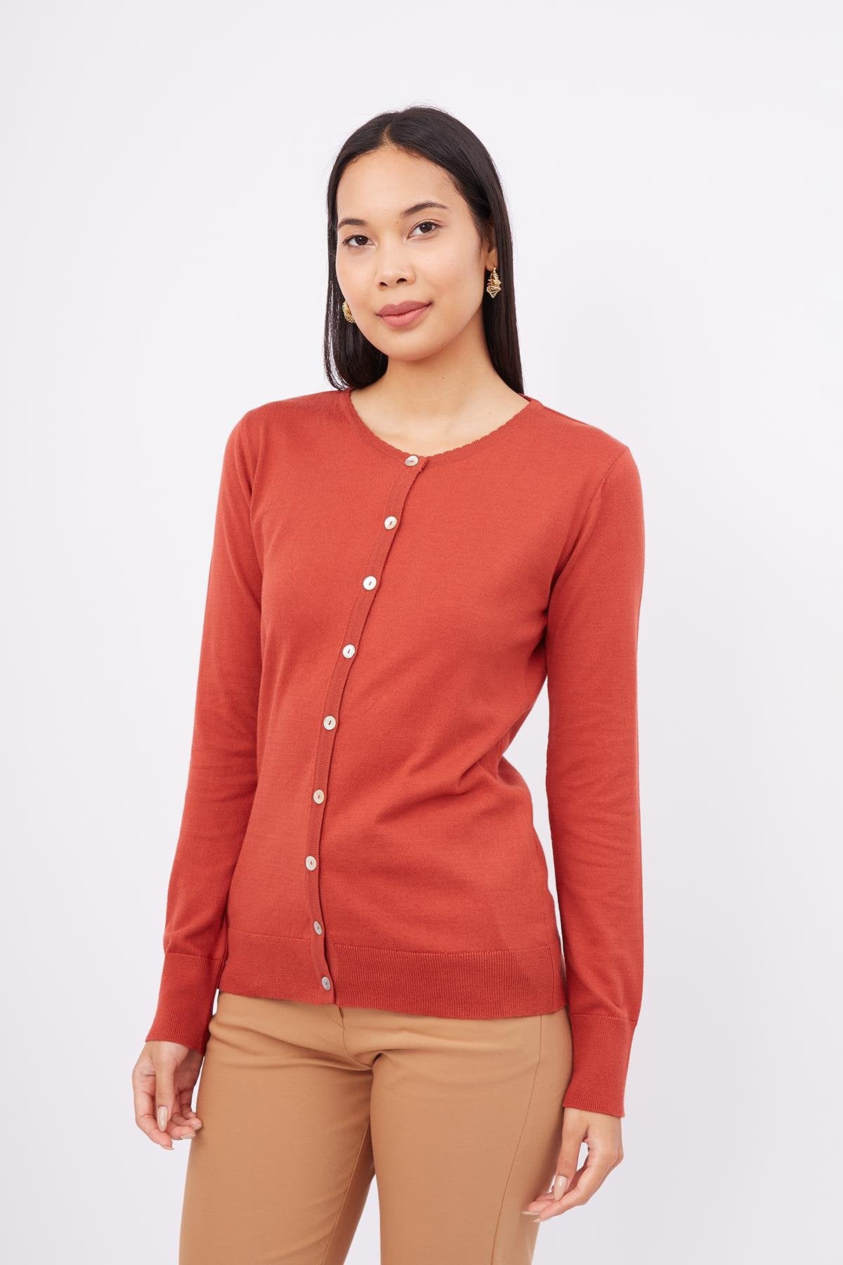 Peraluna-Mila Cardigan Bisiklet Yaka Basic Pamuklu Kadın Triko Hırka Kiremit-Kazak & Triko-2-Milagron.com