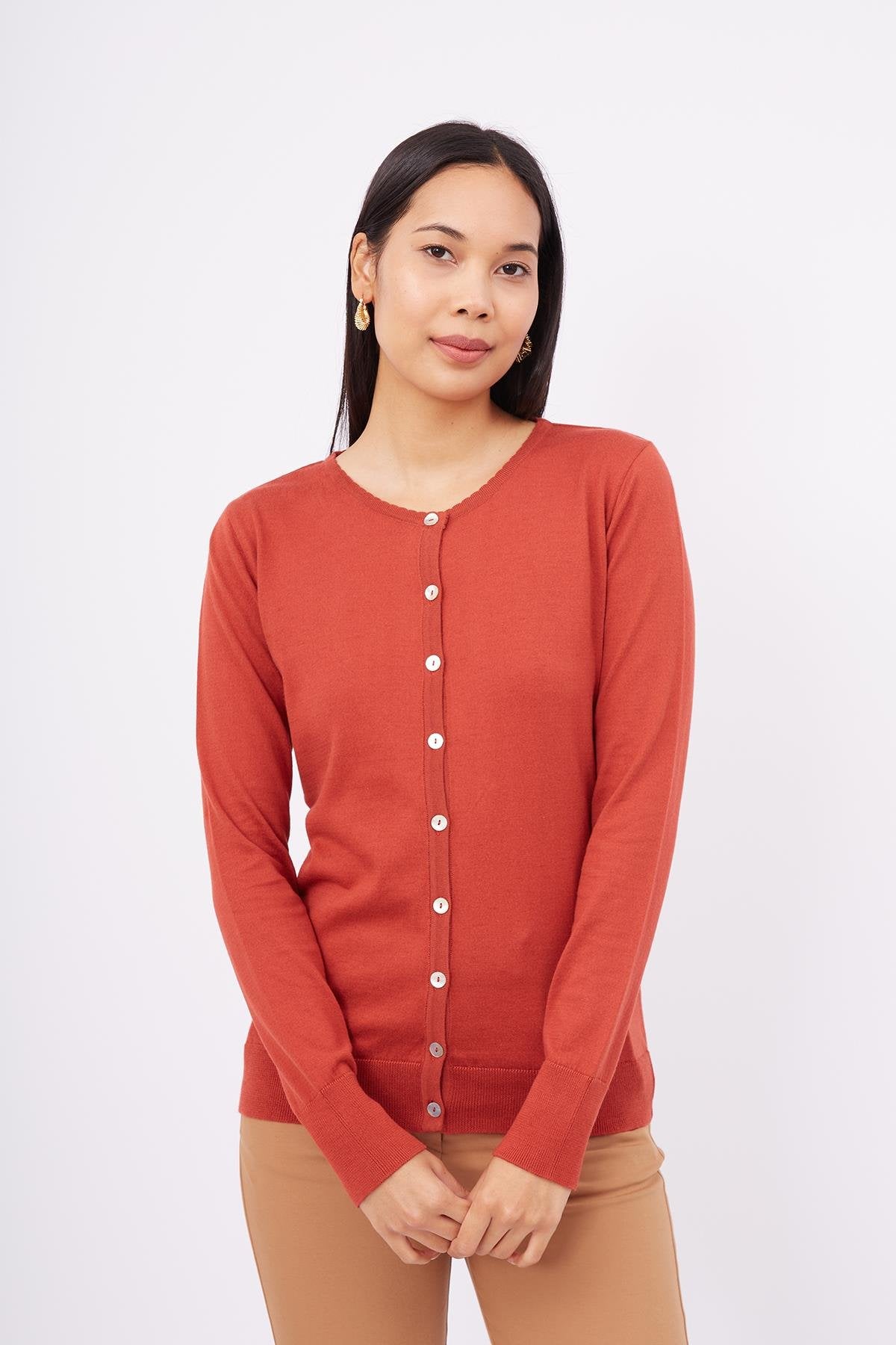 Peraluna-Mila Cardigan Bisiklet Yaka Basic Pamuklu Kadın Triko Hırka Kiremit-Kazak & Triko-5-Milagron.com