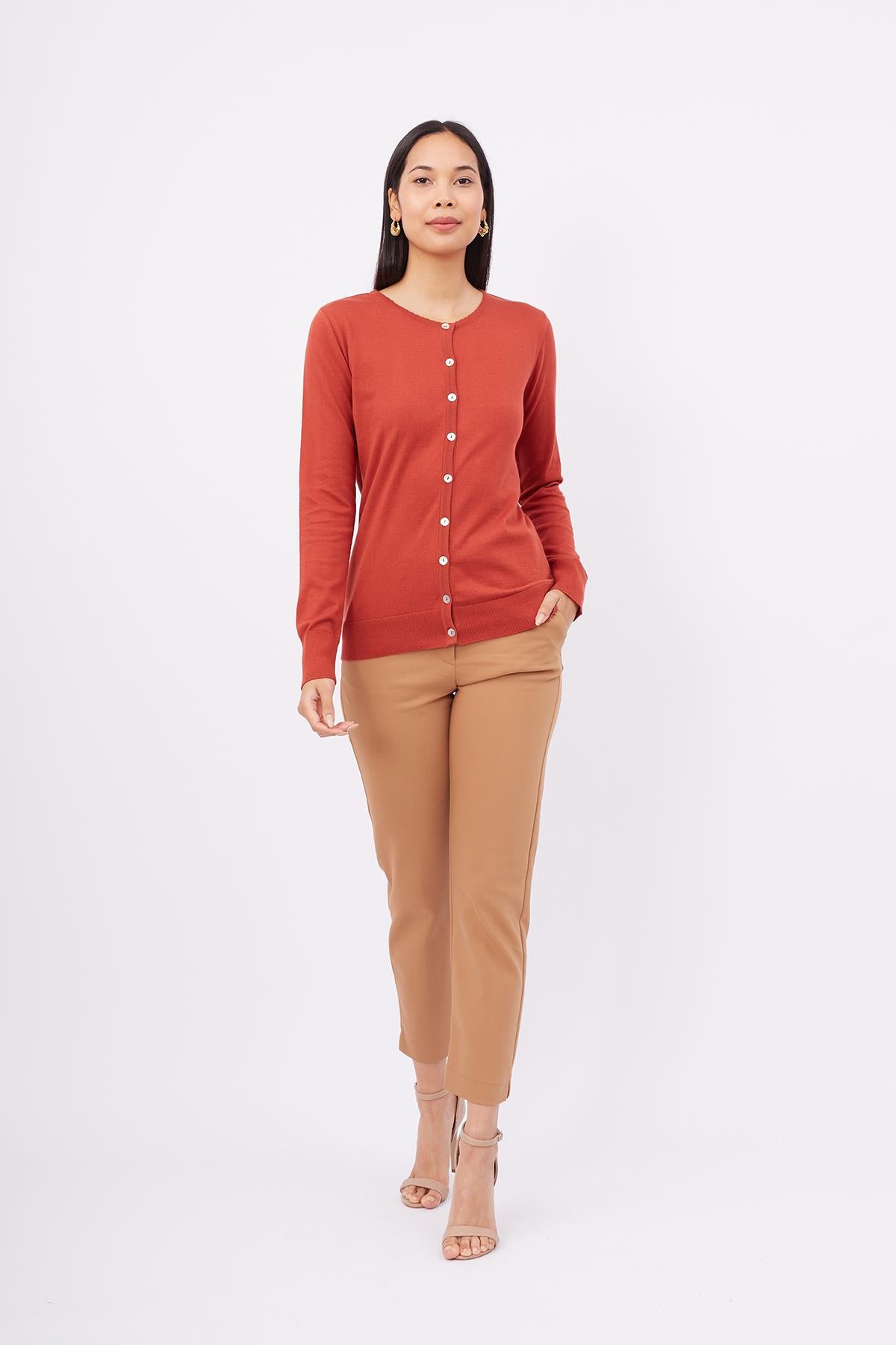 Peraluna-Mila Cardigan Bisiklet Yaka Basic Pamuklu Kadın Triko Hırka Kiremit-Kazak & Triko-6-Milagron.com