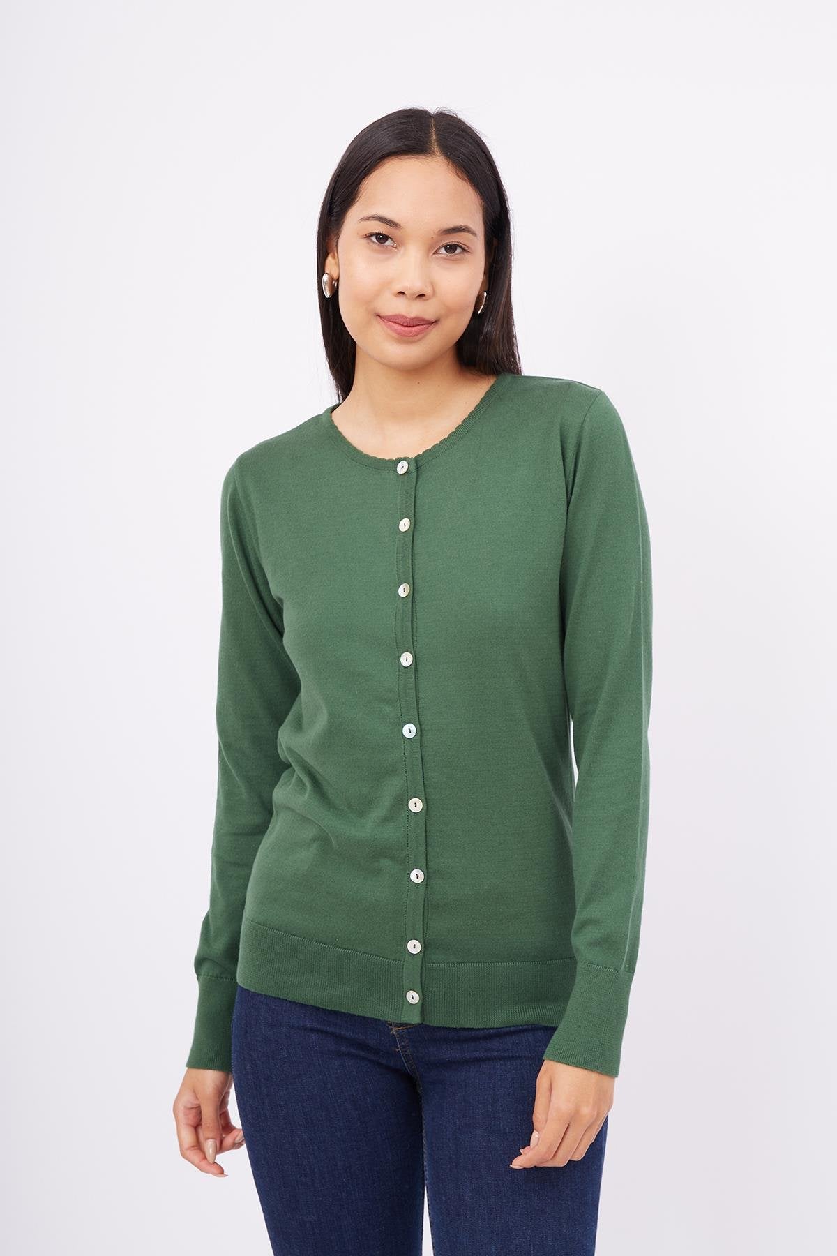 Peraluna-Mila Cardigan Bisiklet Yaka Basic Pamuklu Kadın Triko Hırka Koyu Yeşil-Kazak & Triko-2-Milagron.com