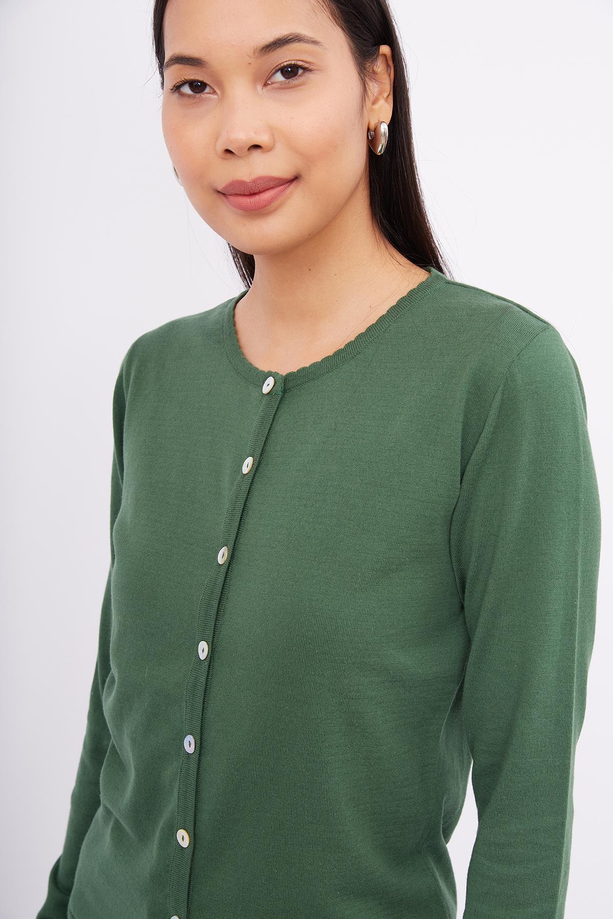 Peraluna-Mila Cardigan Bisiklet Yaka Basic Pamuklu Kadın Triko Hırka Koyu Yeşil-Kazak & Triko-4-Milagron.com