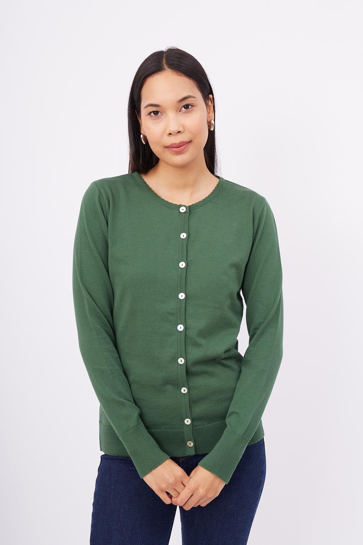Peraluna-Mila Cardigan Bisiklet Yaka Basic Pamuklu Kadın Triko Hırka Koyu Yeşil-Kazak & Triko-5-Milagron.com